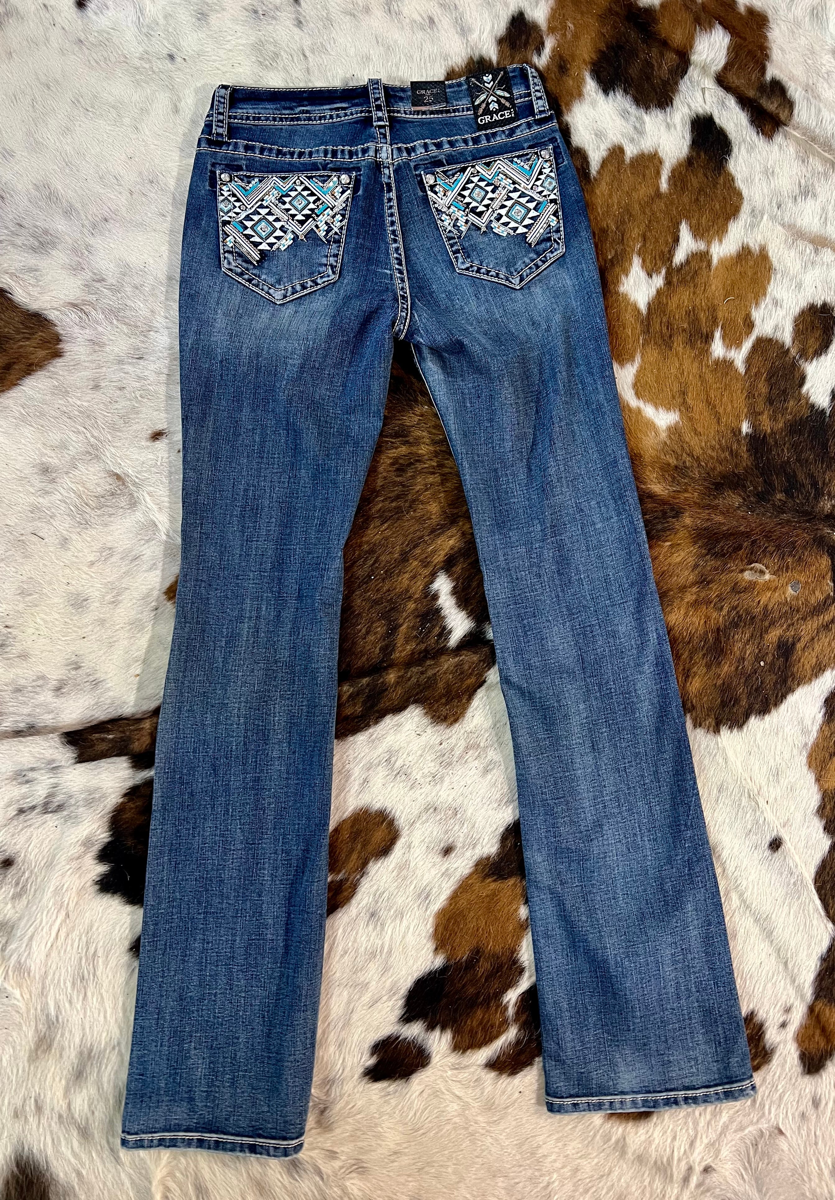 Grace in LA Women's Western Turquoise Studded Embroidered Bootcut Jeans