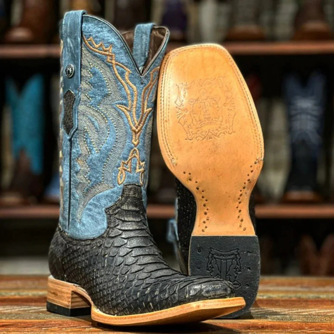Tanner Mark Men's Genuine Python Square Toe Boots Matte Brown TMX208022