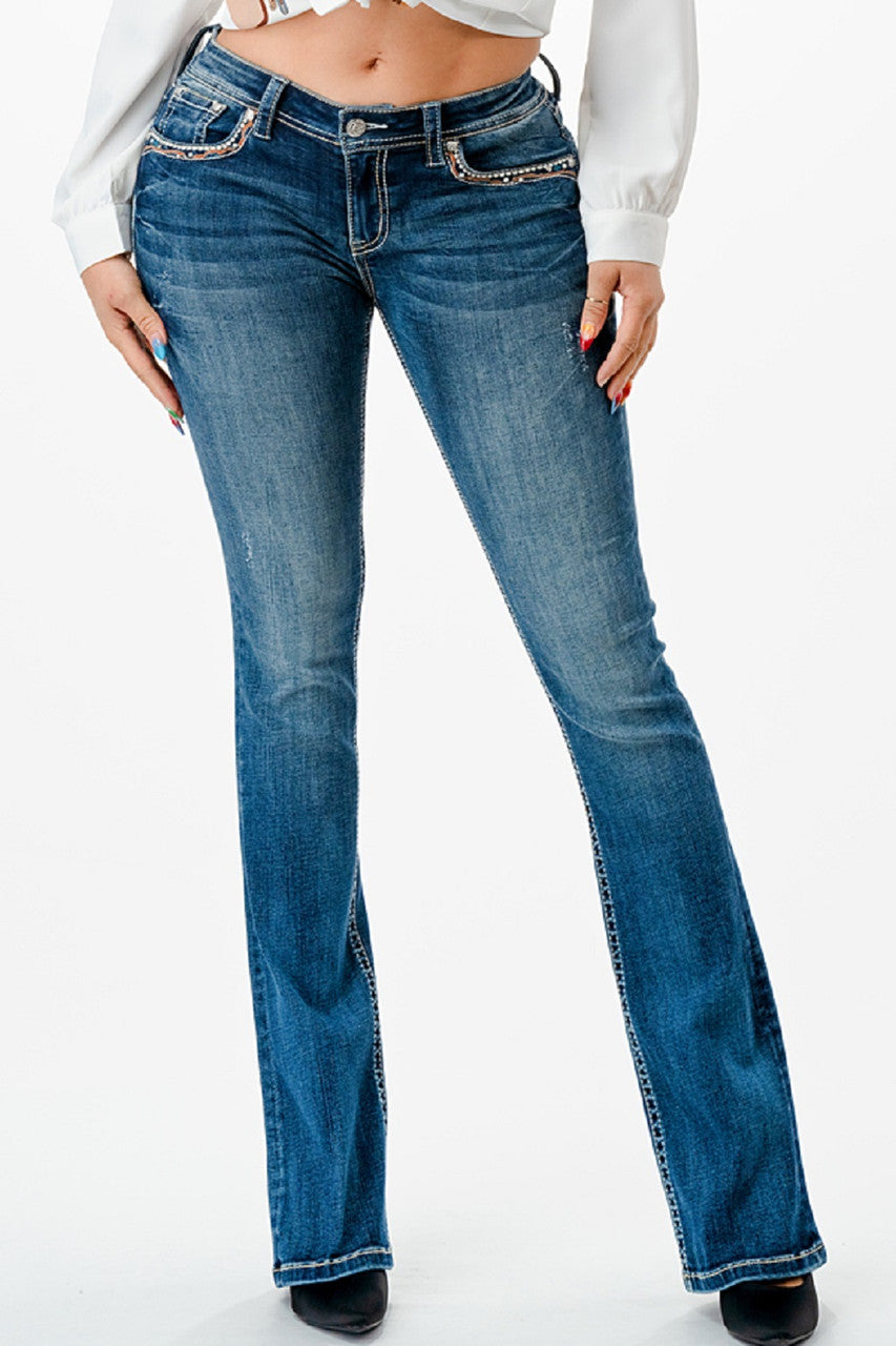 GRACE IN LA STUDDED AZTEC EMBROIDERED BOOTCUT JEANS