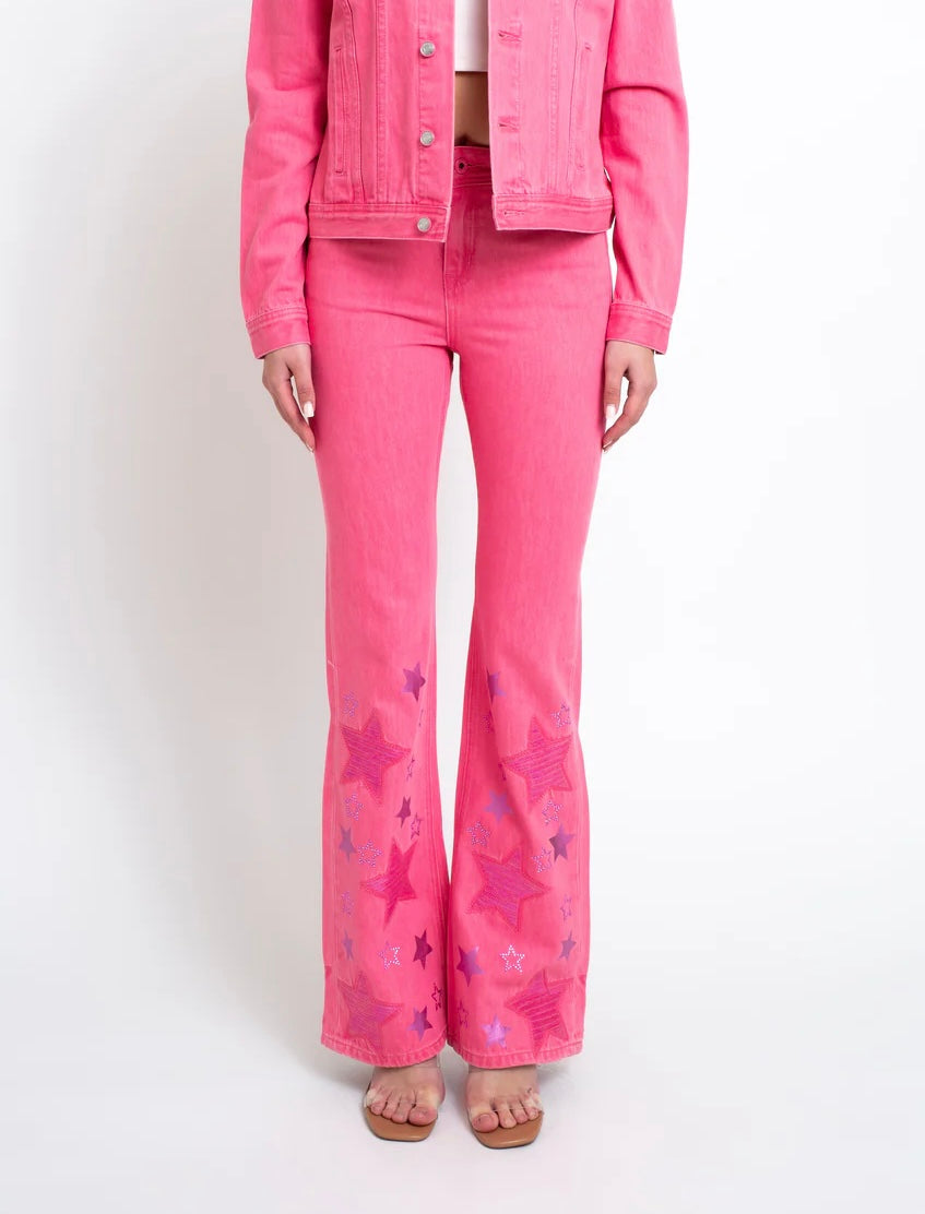 GRACE IN LA “LET'S GO GIRLS” EMBROIDERY PINK DENIM HIGH WAIST FLARE JEANS