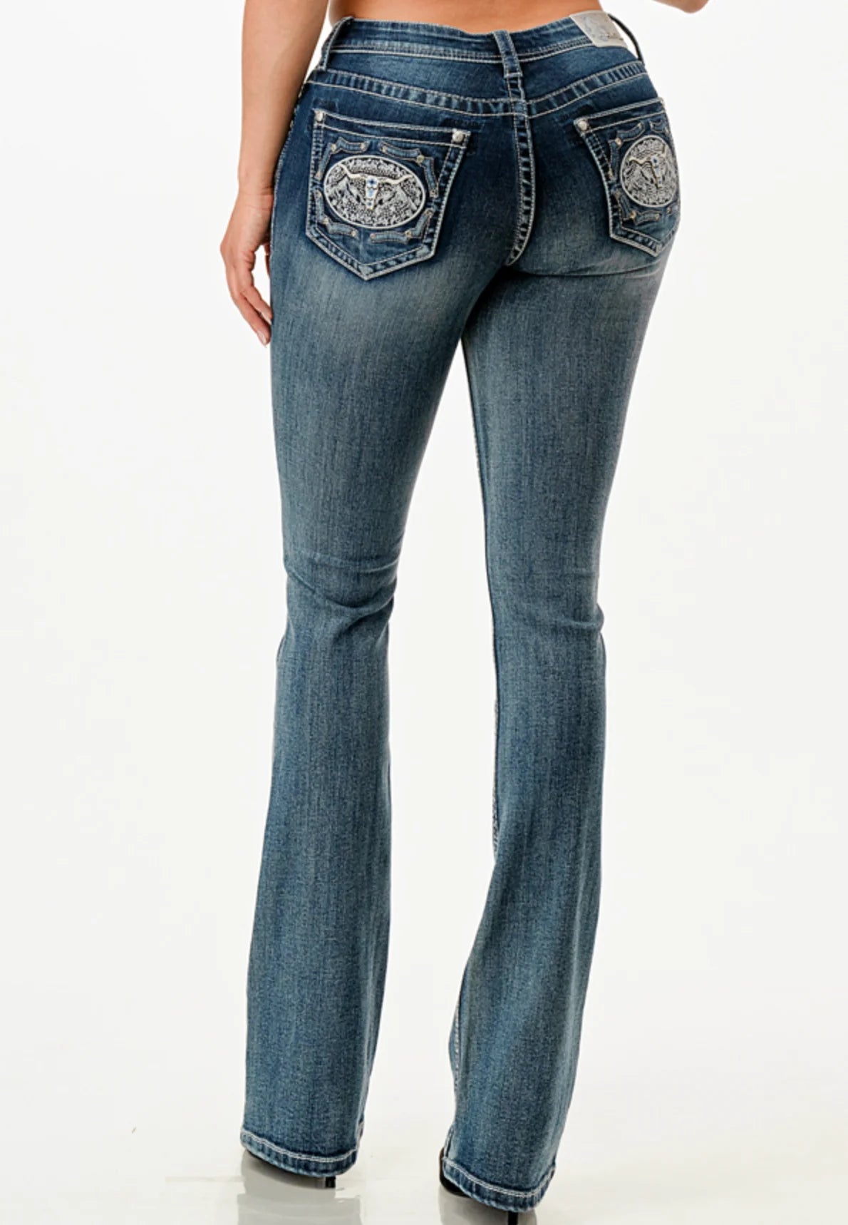 Grace in LA Women's Easy Fit Medium Wash Steerhead Buckle Bootcut Jeans