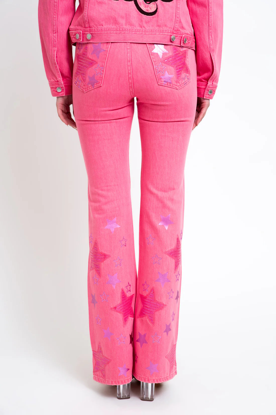 GRACE IN LA “LET'S GO GIRLS” EMBROIDERY PINK DENIM HIGH WAIST FLARE JEANS