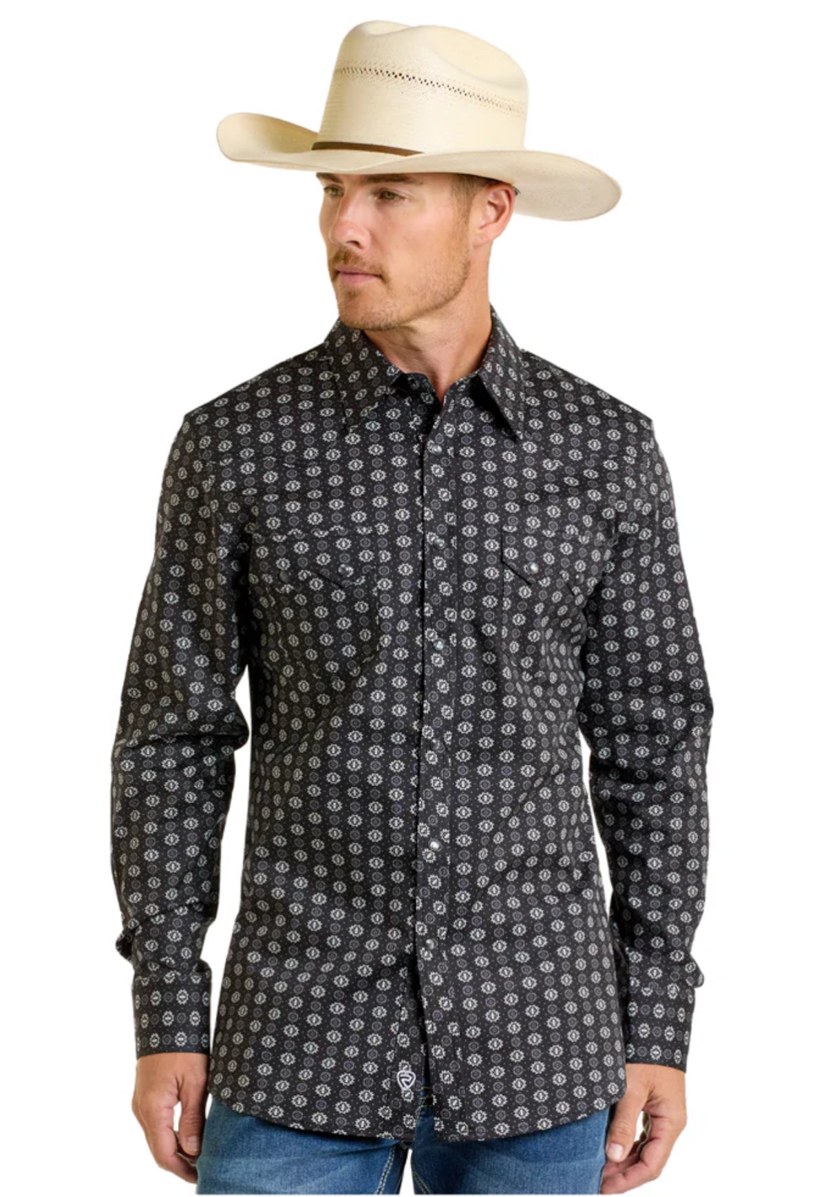 Rock & Roll Men's Long Sleeve Snap Shirt in Black Mini Aztec Print