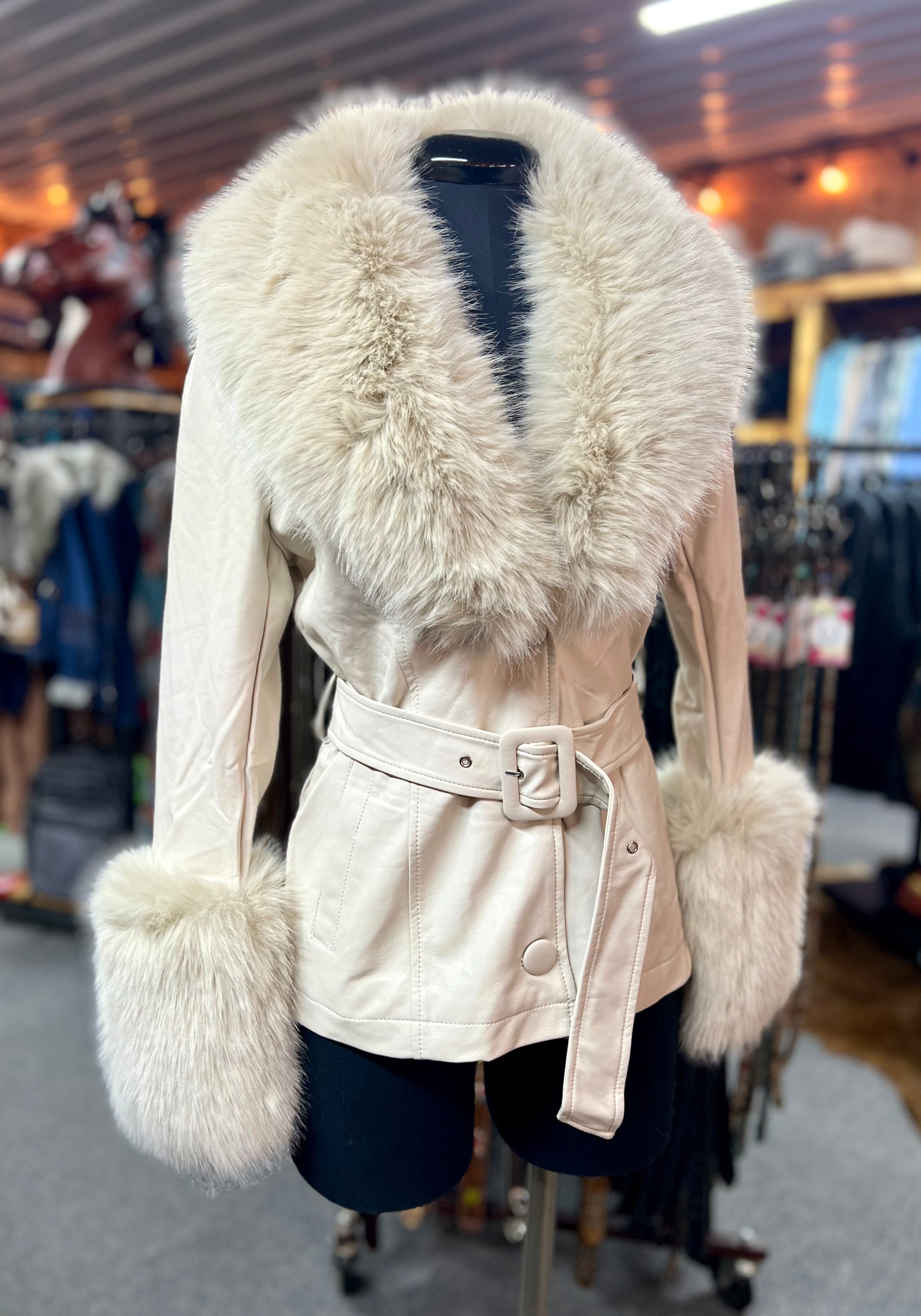 Ivory Fur Trimmed Jacket Vegan Leather with Belt – RM Tack & Apparel Ivory Fur Trimmed Jacket Vegan Leather with Belt – RM Tack & Apparel