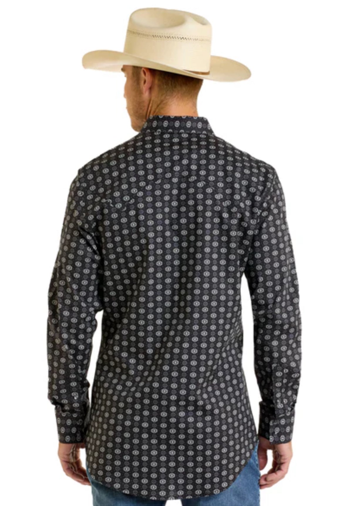Rock & Roll Men's Long Sleeve Snap Shirt in Black Mini Aztec Print