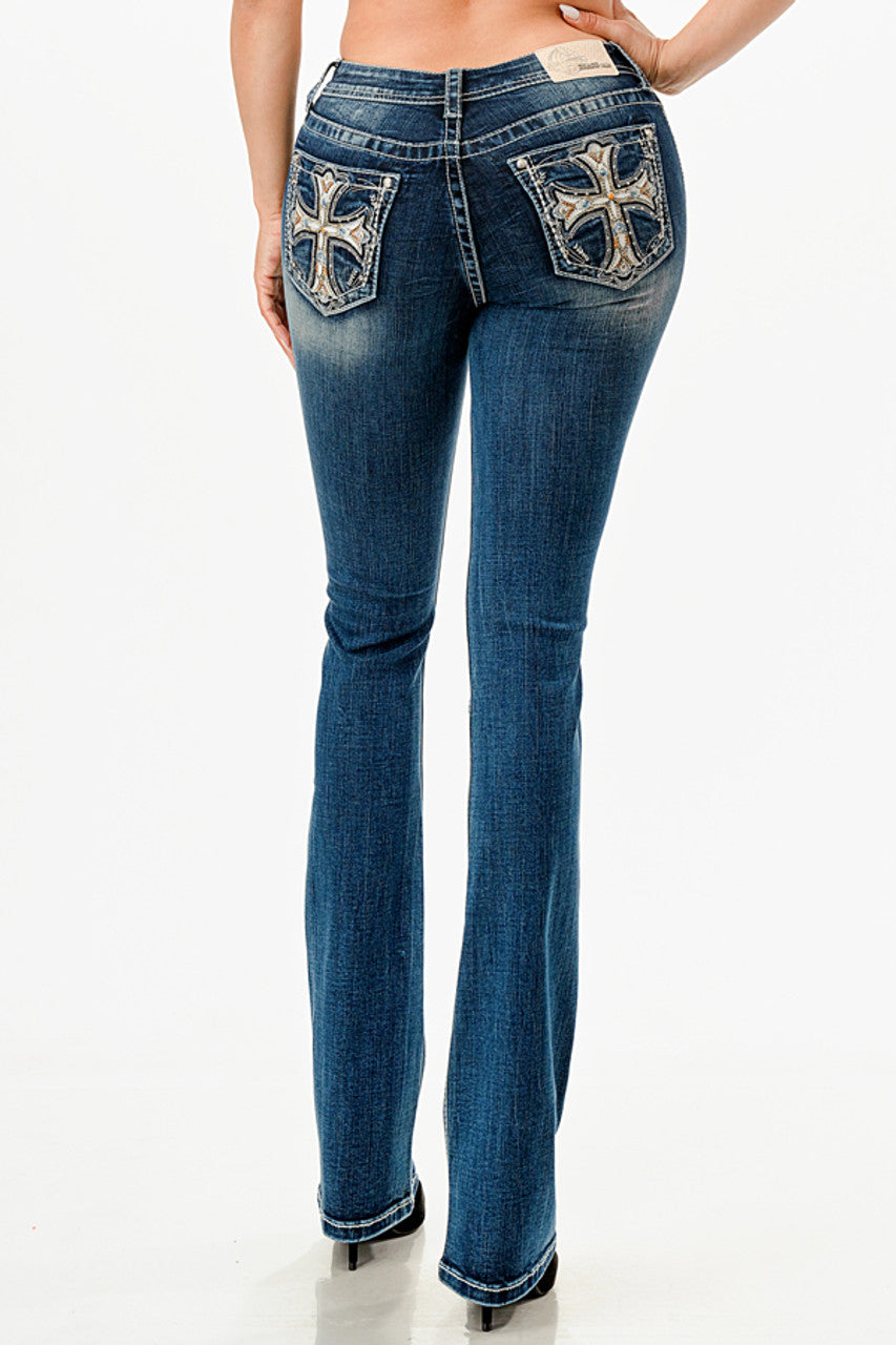 Women’s Grace in LA Embroidered Leather Cross Boot Cut Denim Jeans
