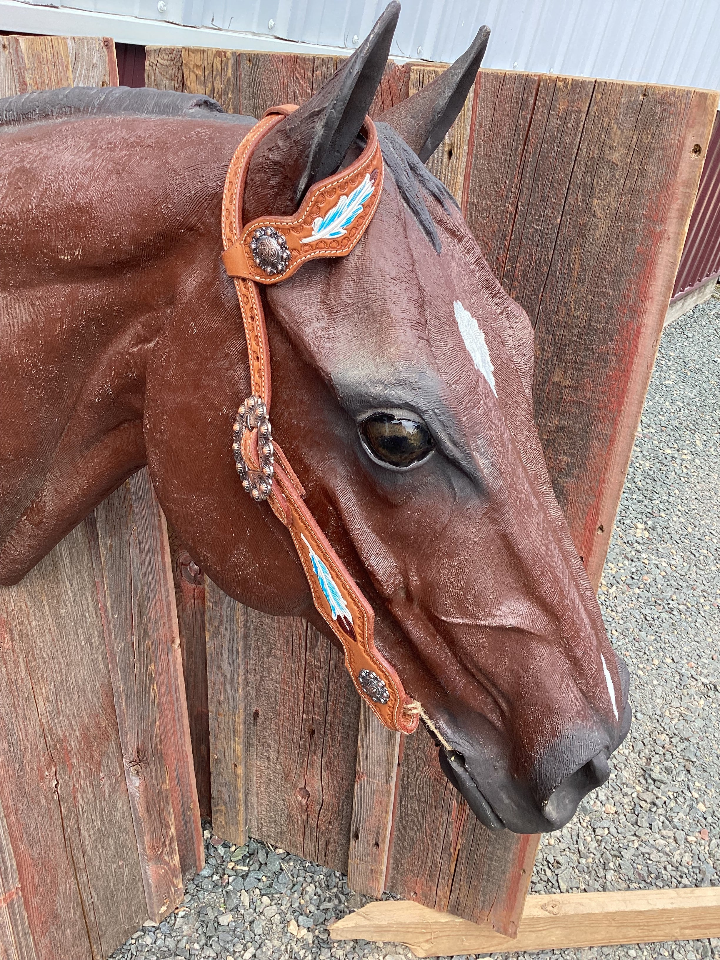 Light Oil Single Ear Headstall with Tooled Feathers
