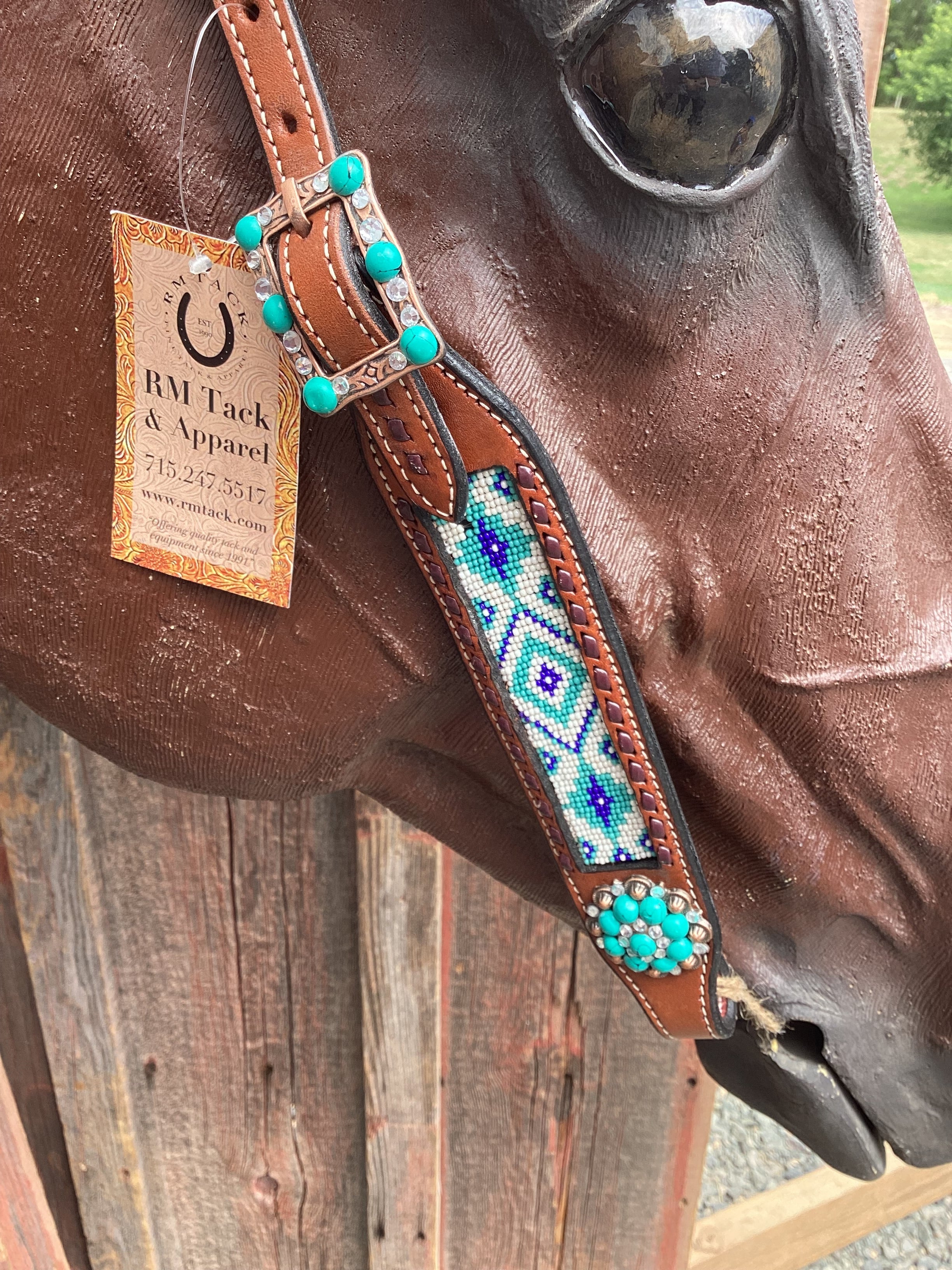 Medium Oil Single Ear Headstall with Turquoise Beading