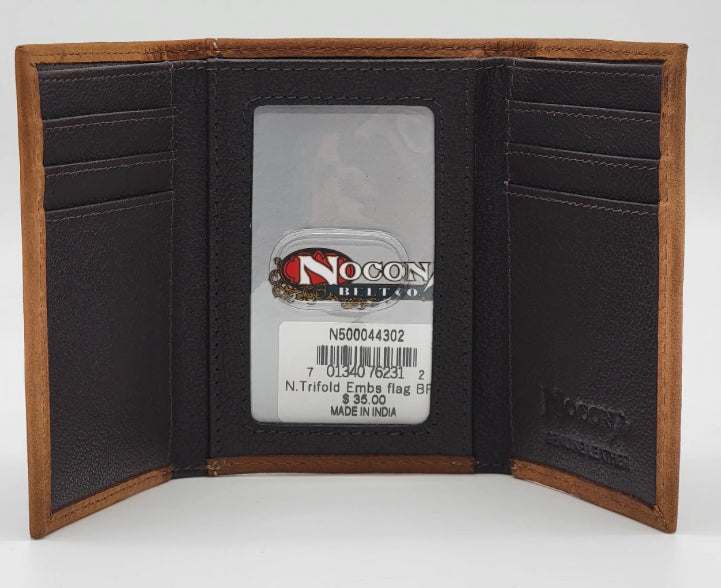 Nocona Mens Trifold Style Wallet Embossed Flag Brown