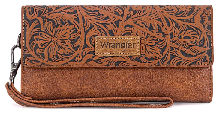 Wrangler Western Floral Tooled Tri-fold RFID Wallet/Wristlet