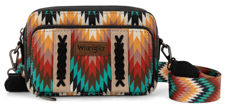 Wrangler Southwestern Pattern Dual Sided Print Crossbody Purse With Wallet Compartment