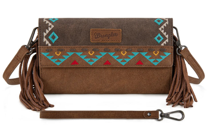 Wrangler Aztec Embroidered Fringe Wallet/Crossbody -Brown