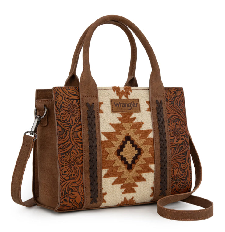 Wrangler Tooled Aztec Pattern Print Concealed Carry Tote/Crossbody -Brown