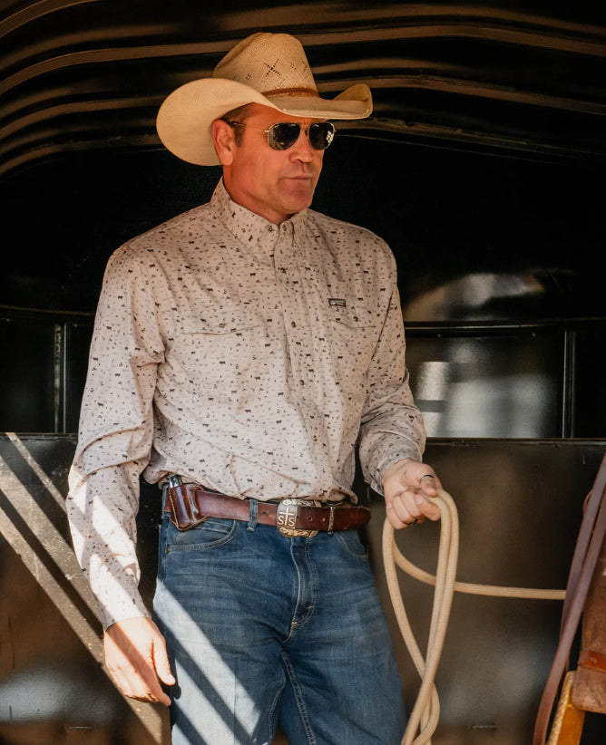 MEN'S StS LONG SLEEVE - KHAKI Cattle Print Shirt
