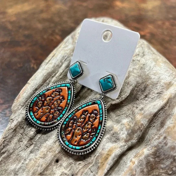 Western Leather Cactus Turquoise Dangle Earrings