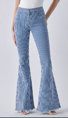 Cello Women's Stripe High Rise Flare Jean with Frayed Hem