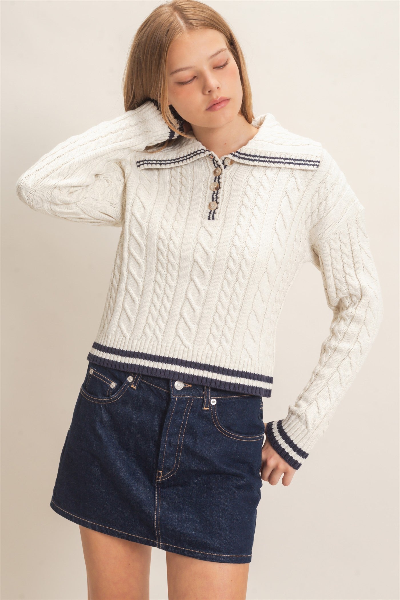 W Cable Knit Sweater-Bone White