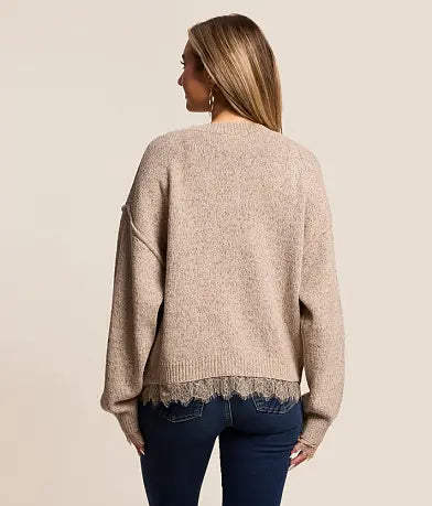 W Lace Trim Button Down Knit Cardigan