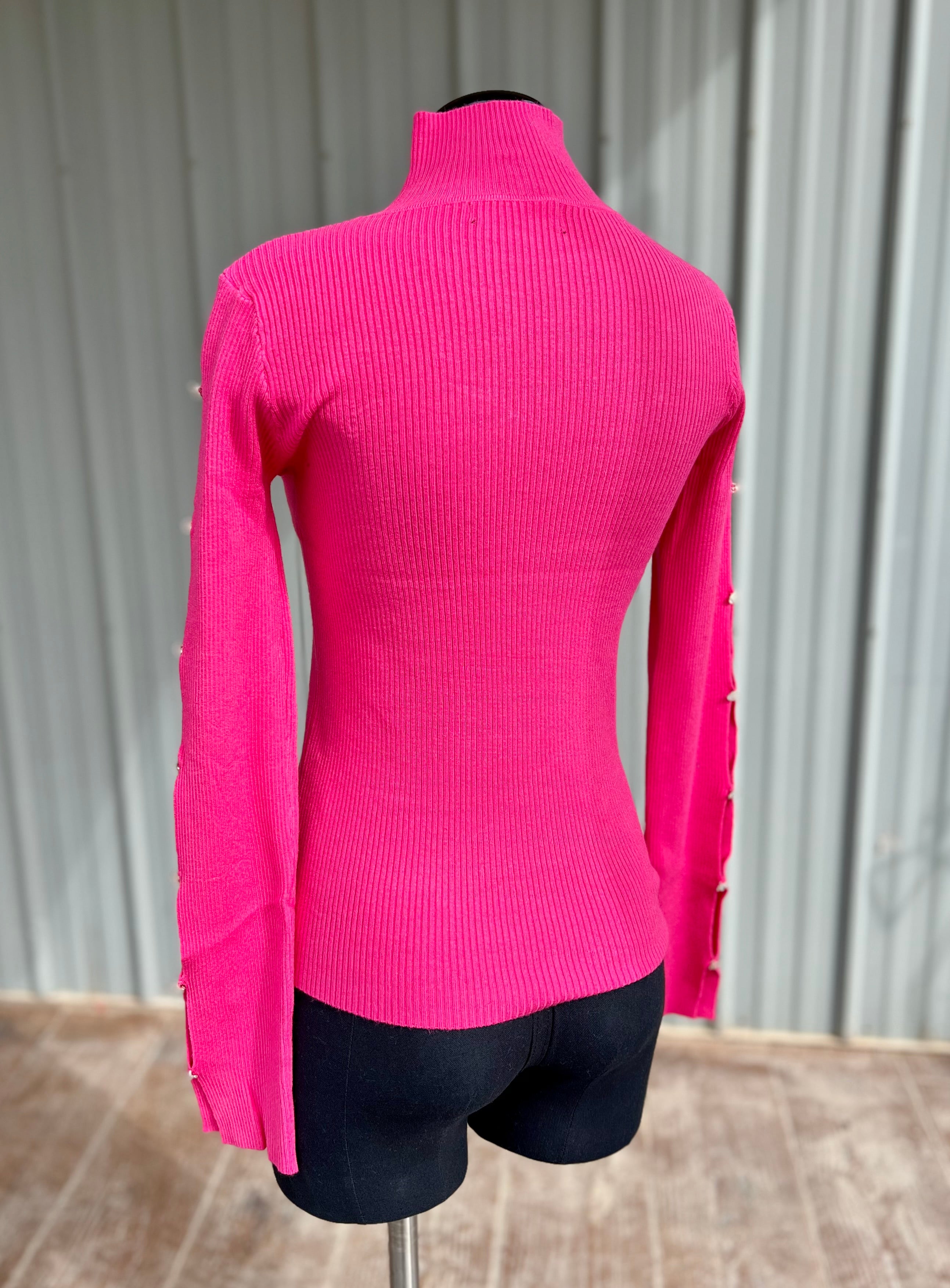 Pink Ribbed Turtleneck with Crystal Sleeves