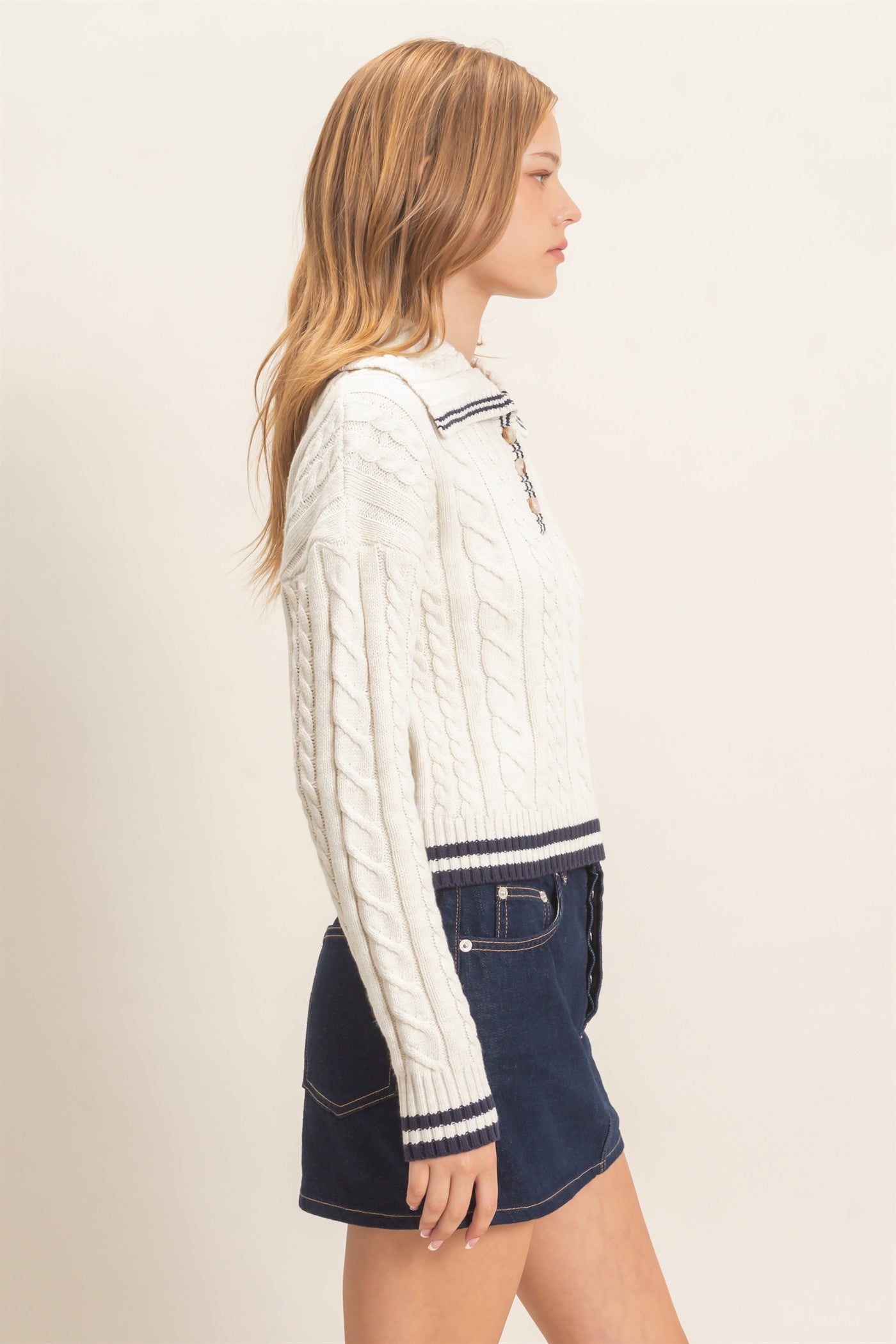 W Cable Knit Sweater-Bone White