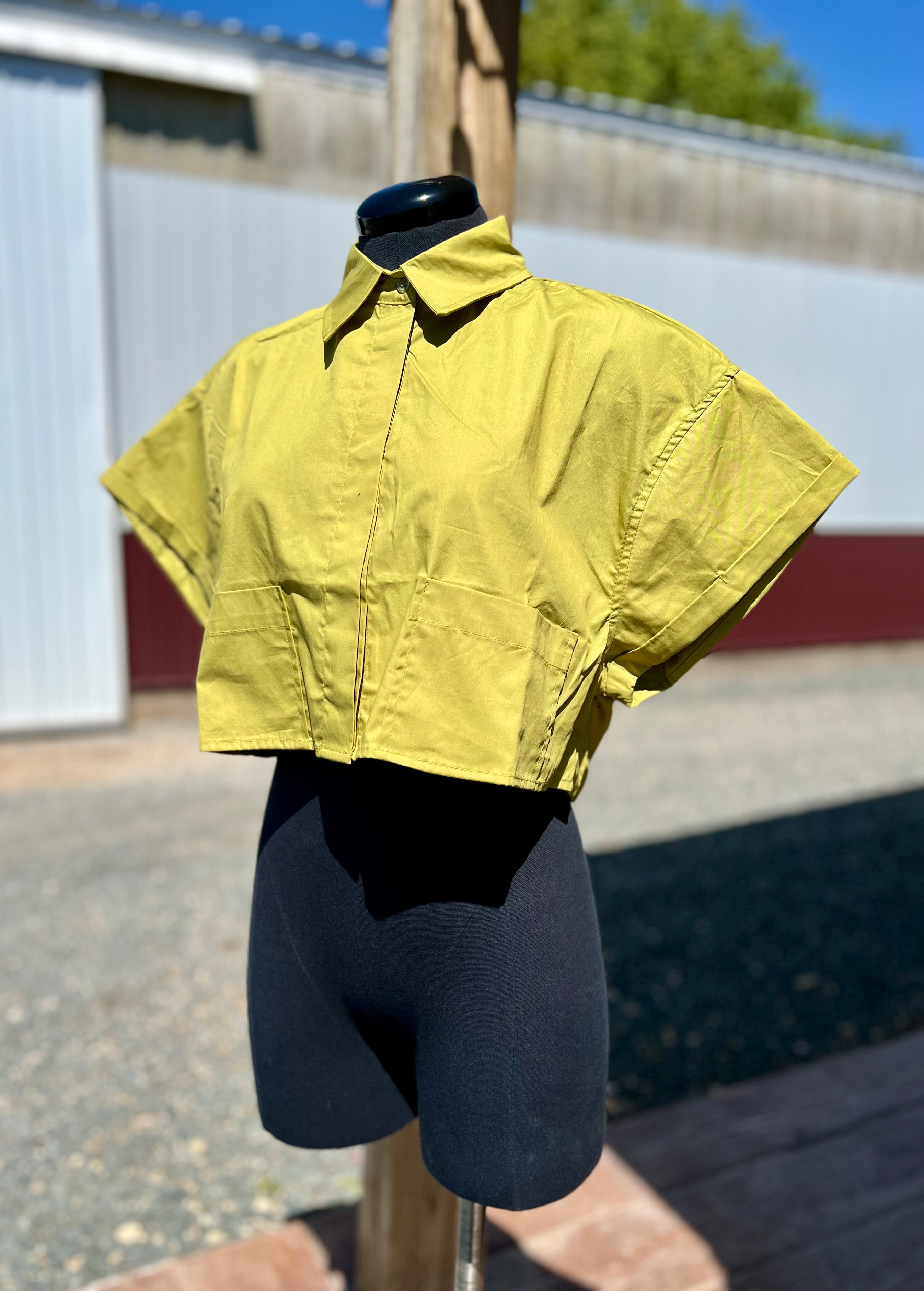 Chartreuse Cropped Button Down Top