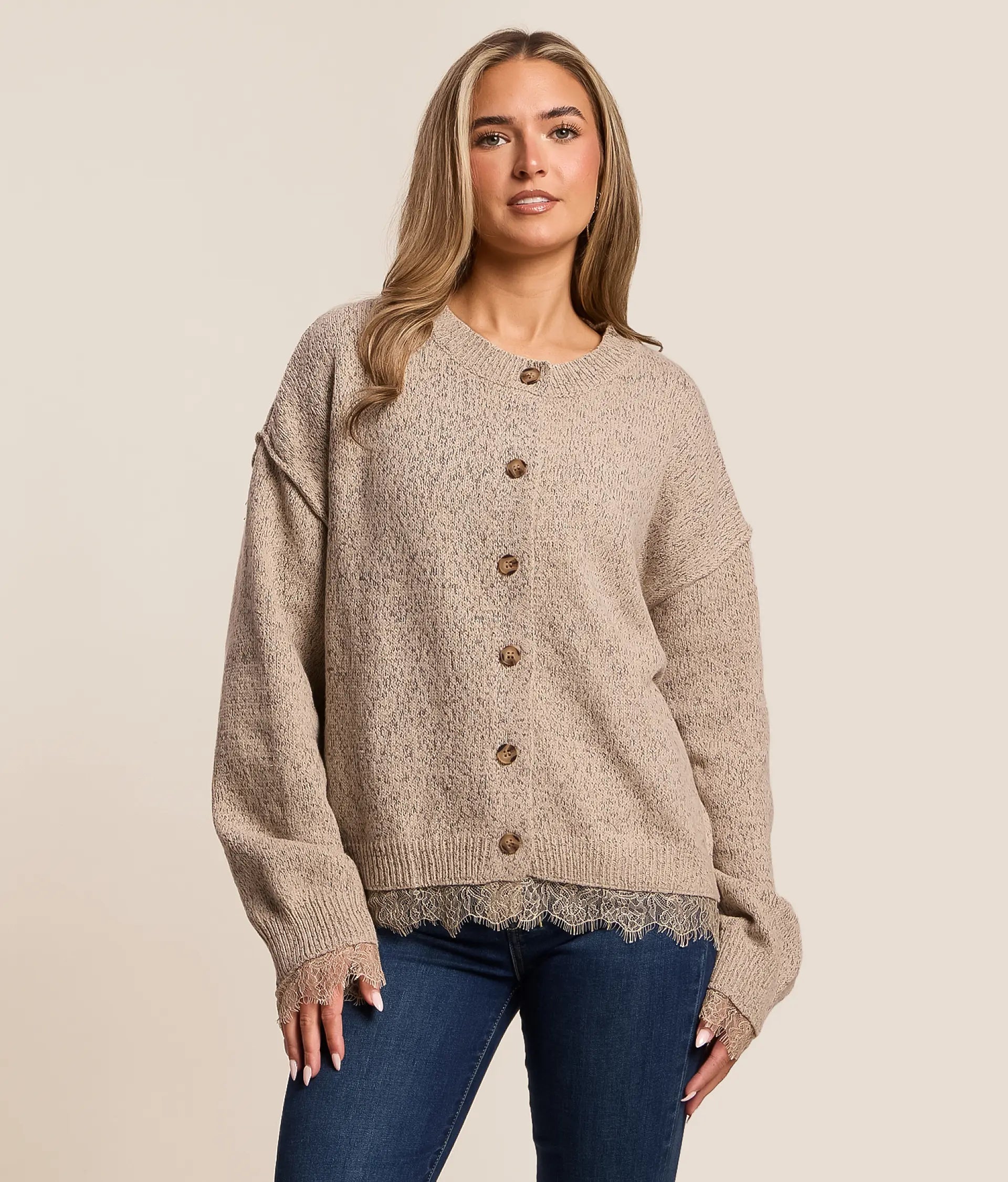 W Lace Trim Button Down Knit Cardigan