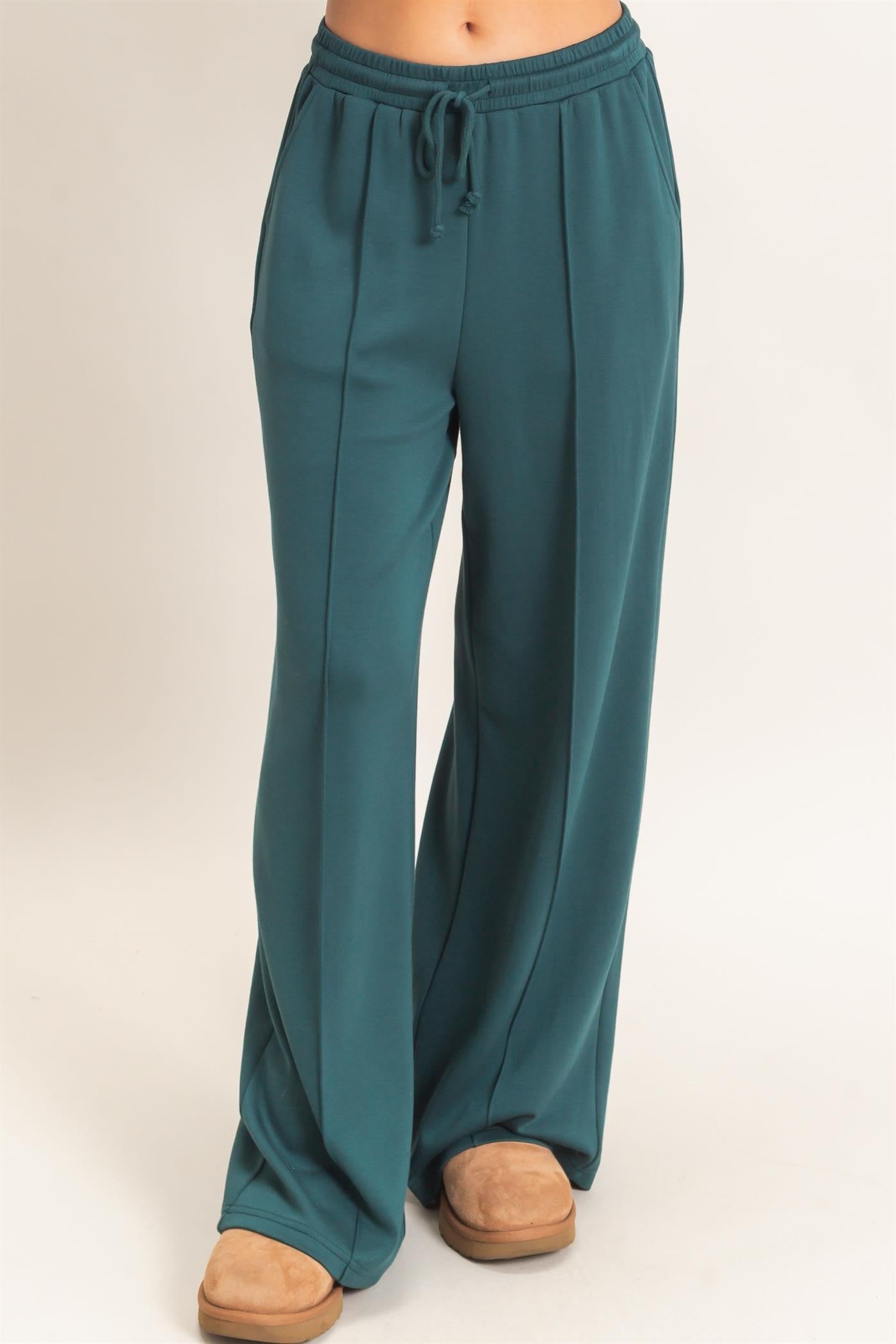 W Drawstring Waist Pintuck Wide Leg Pants