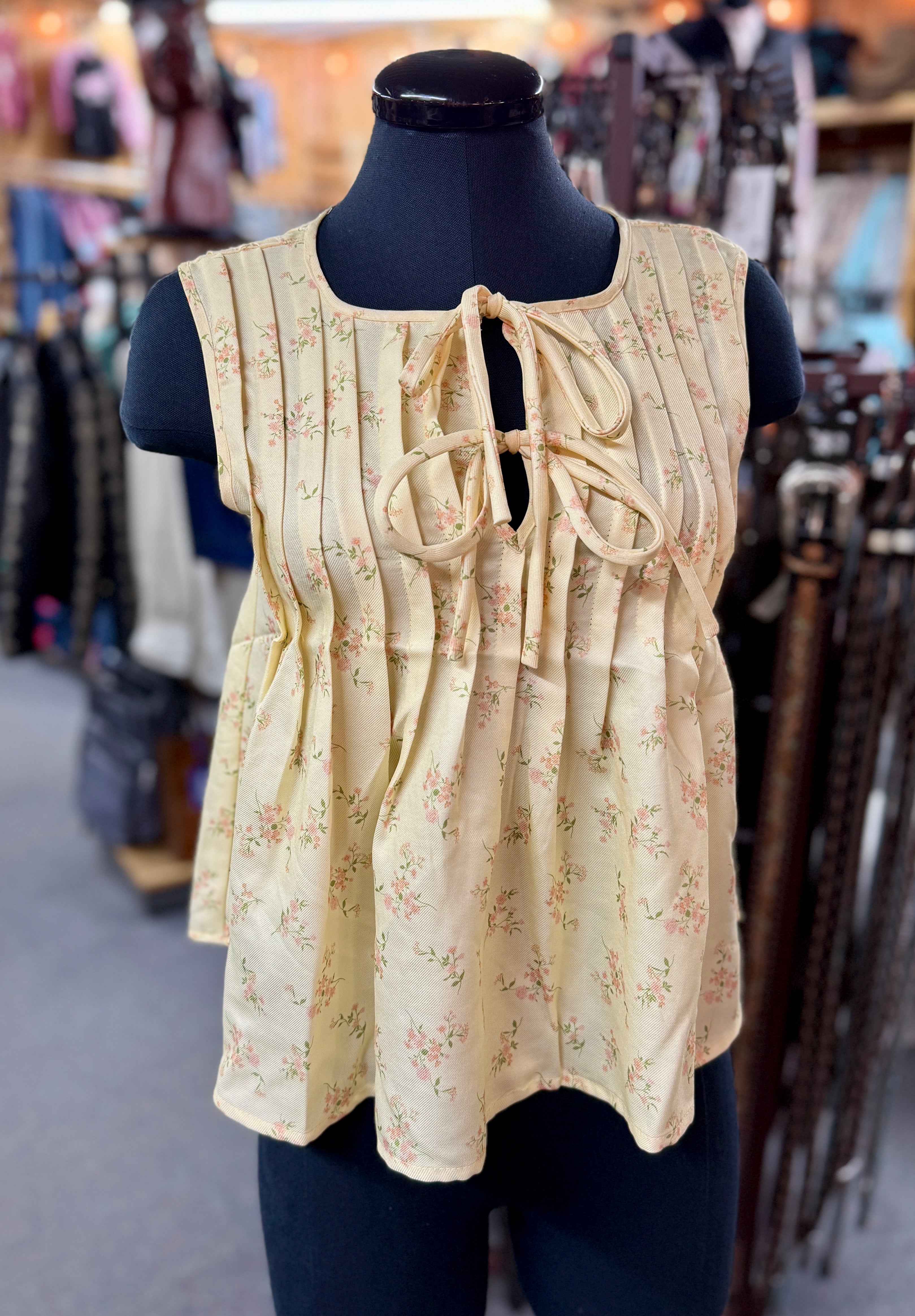 Yellow Floral Pleated Tie Top