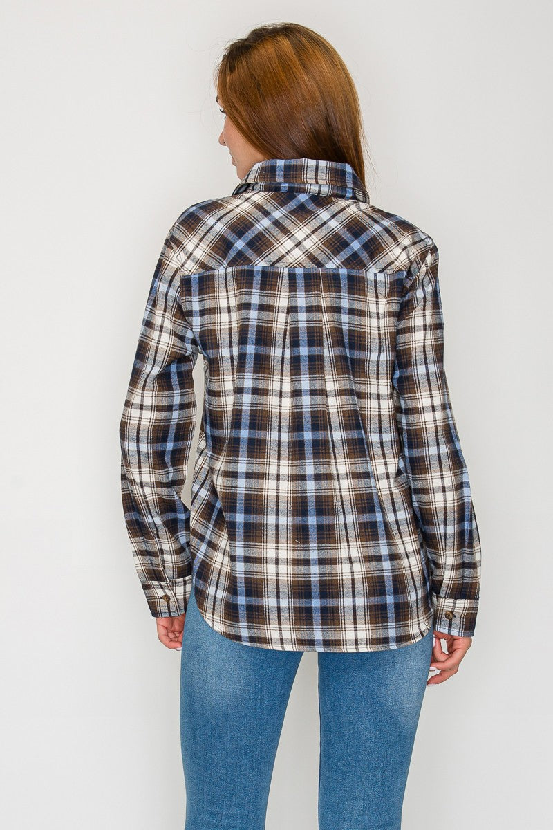 W Curved Hem Plaid Shirt-NAVY/BLUE