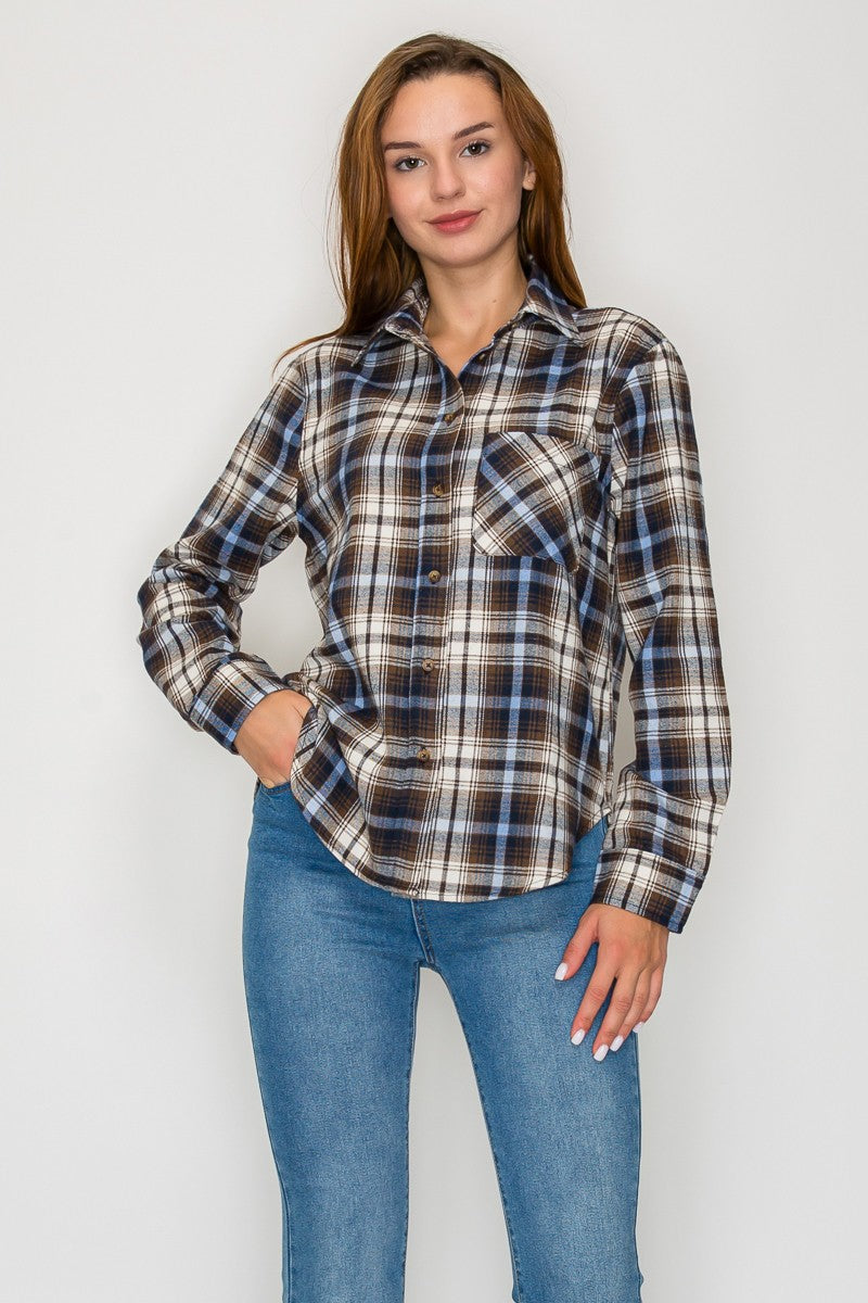 W Curved Hem Plaid Shirt-NAVY/BLUE