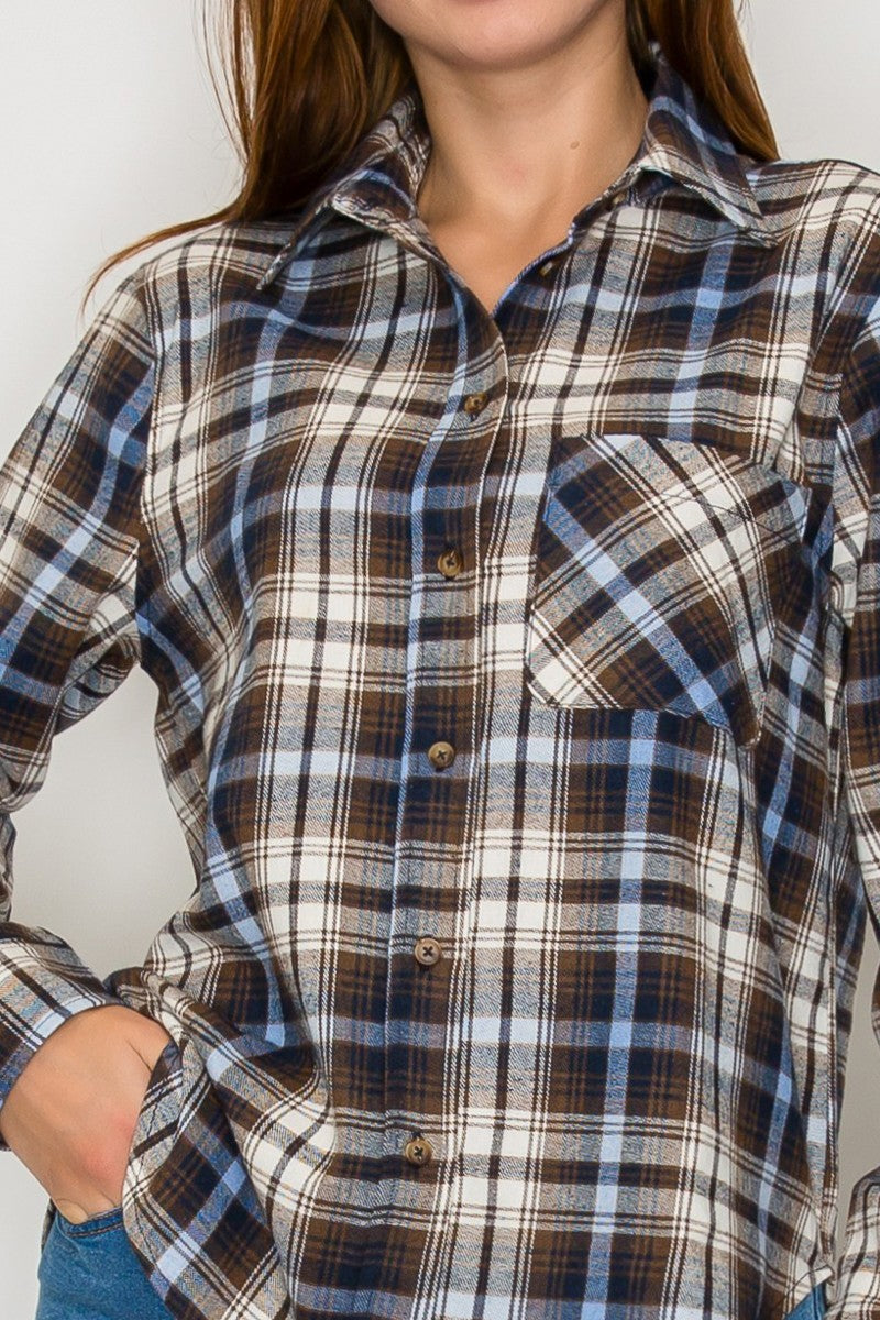 W Curved Hem Plaid Shirt-NAVY/BLUE
