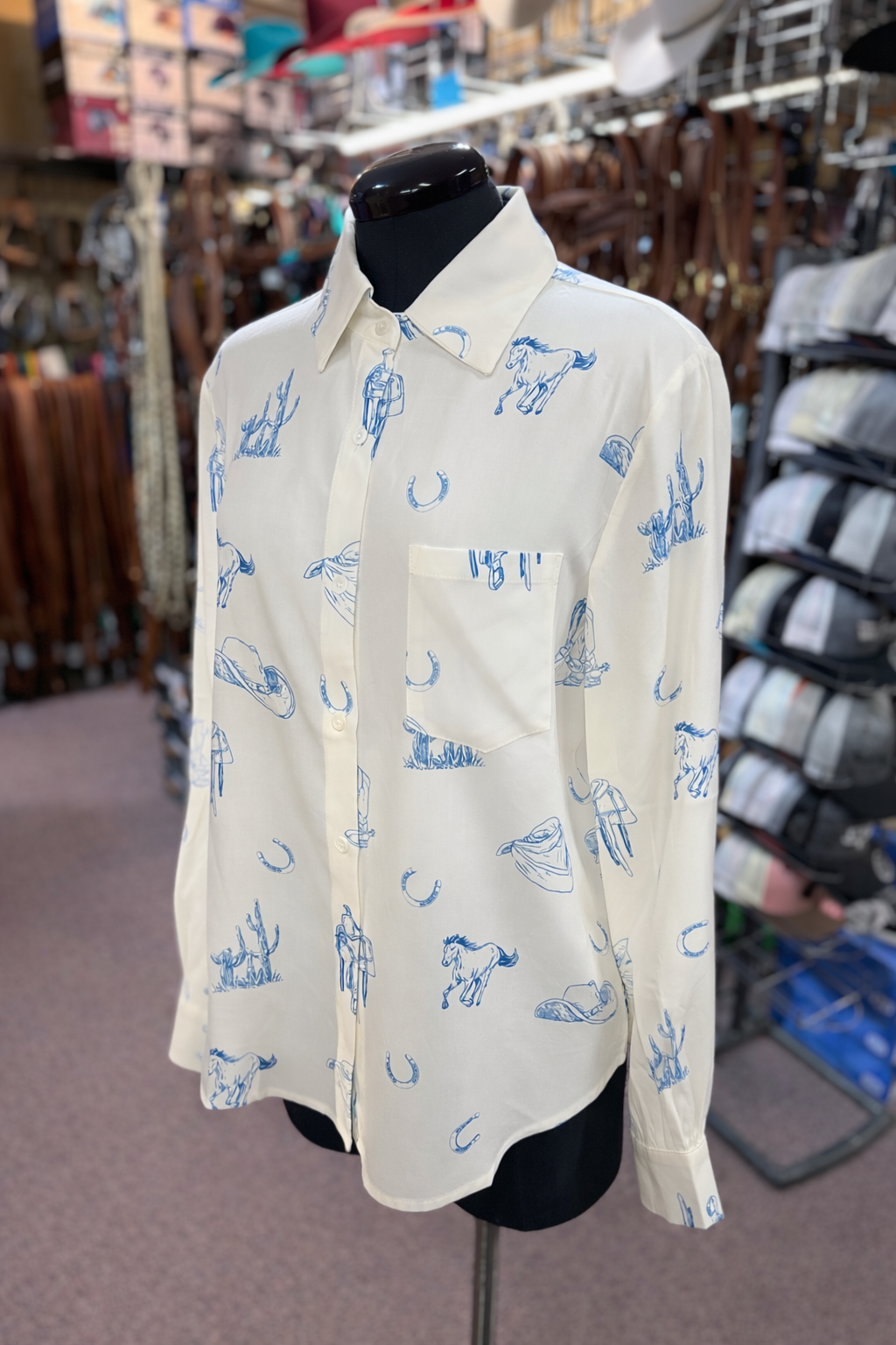 Off White Blue Horse Print Long Sleeve Blouse Top