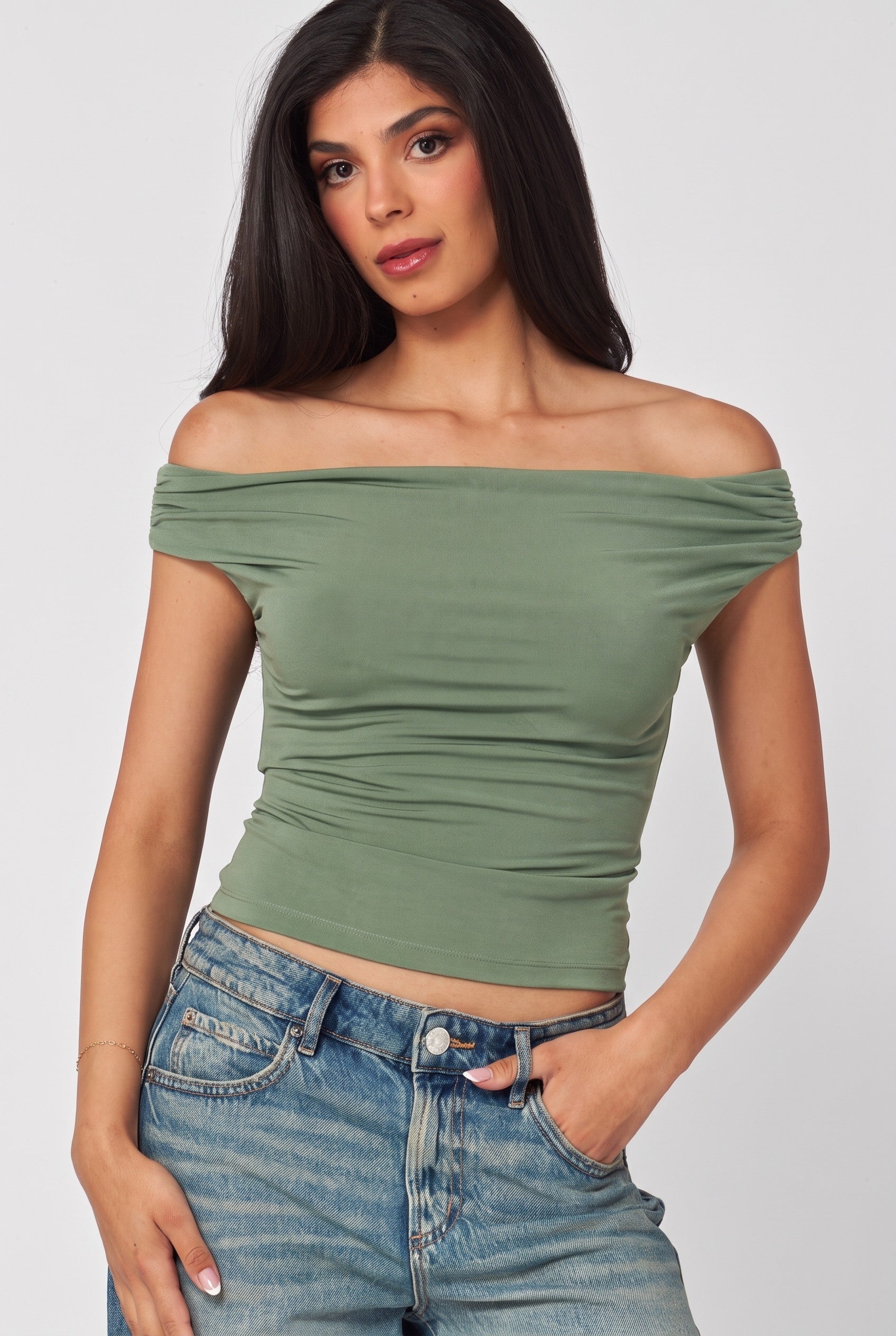 W Nova Ruched Off The Shoulder Crop Top
