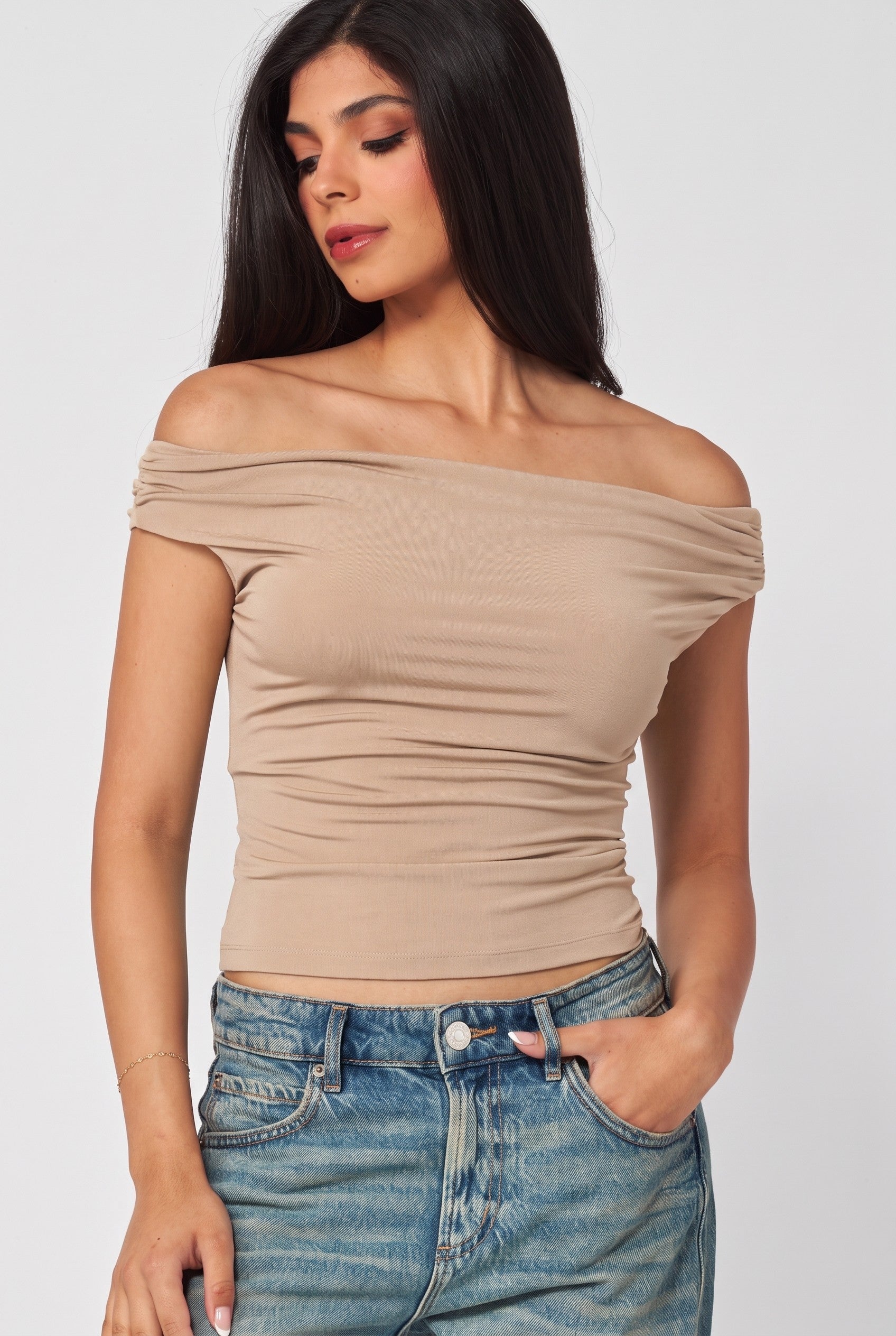 W Nova Ruched Off The Shoulder Crop Top
