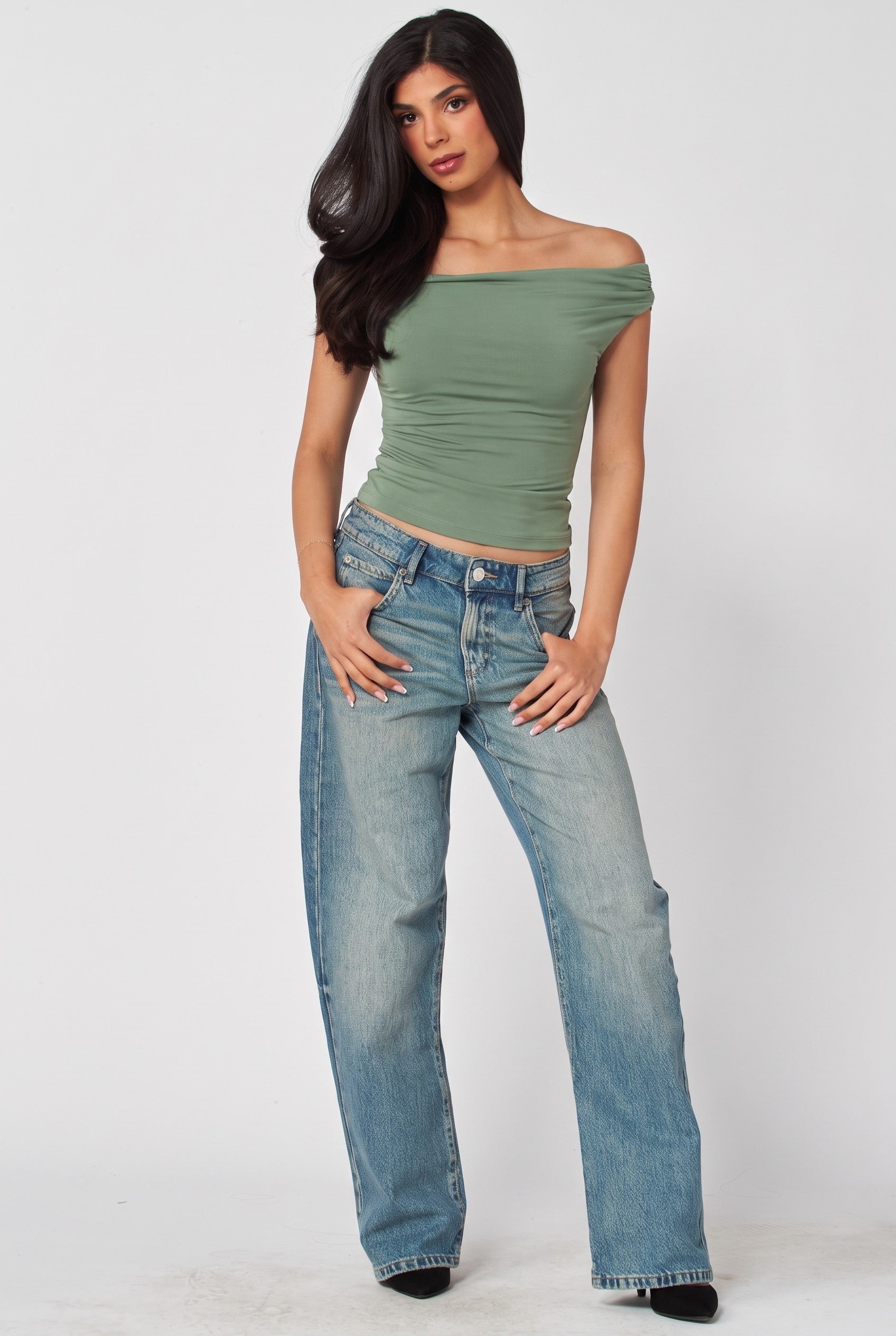 W Nova Ruched Off The Shoulder Crop Top