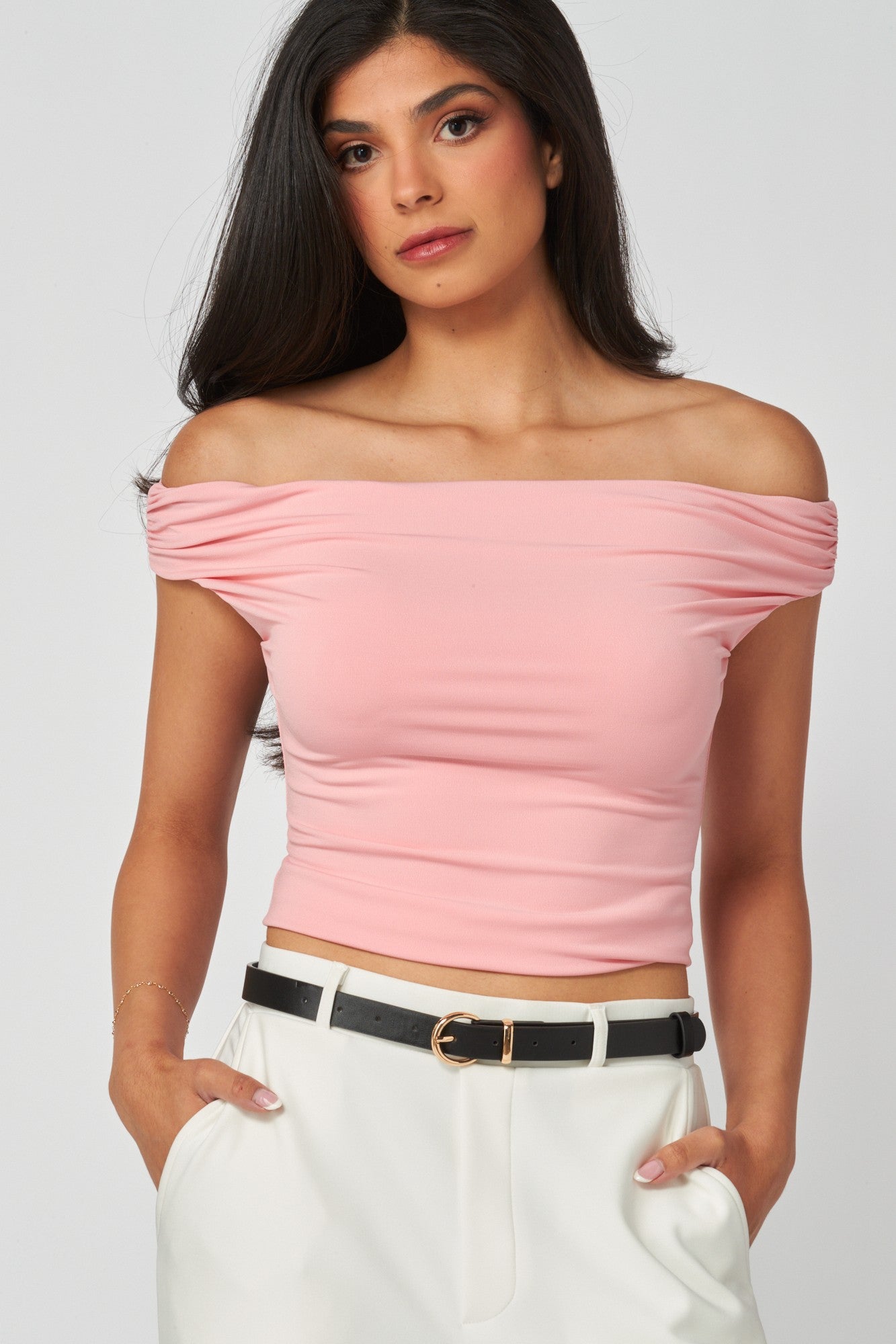 W Nova Ruched Off The Shoulder Crop Top