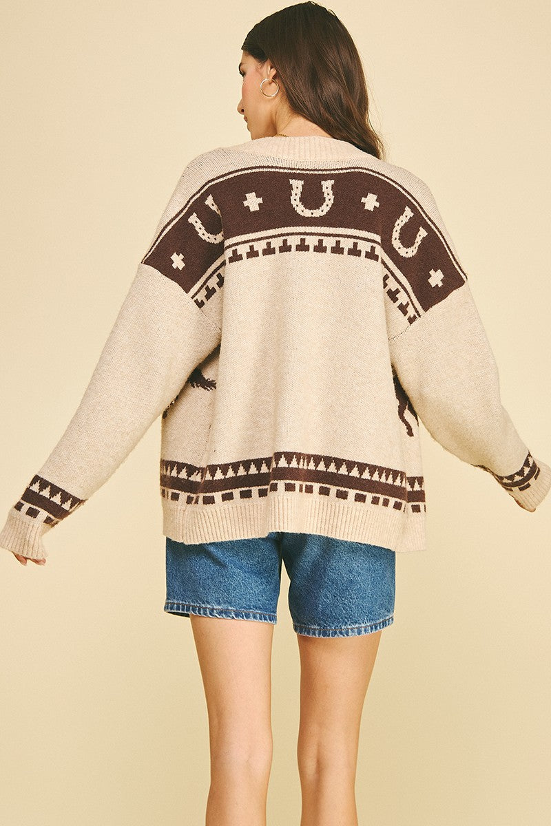 W Western Horse Jacquard Knit Cardigan
