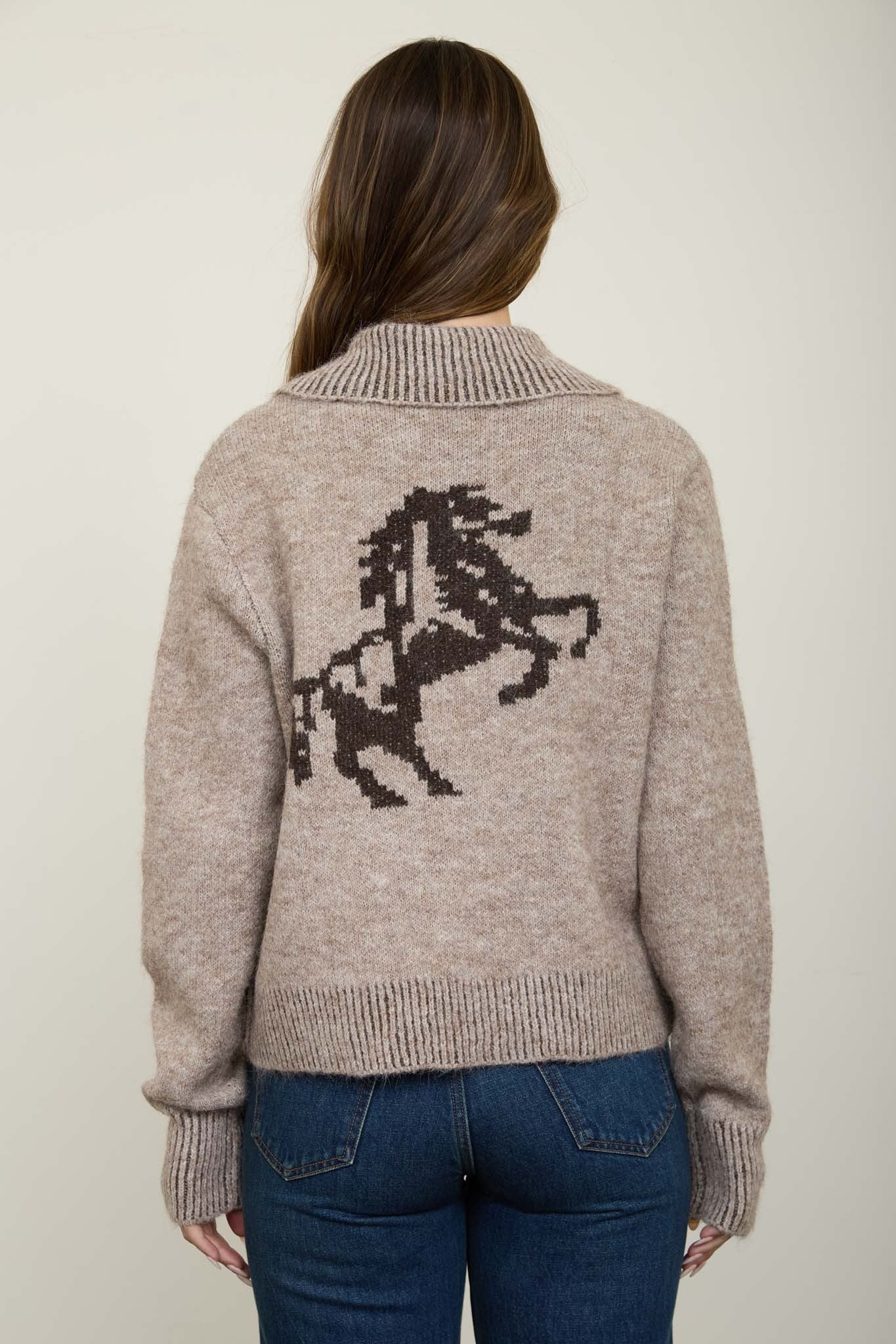 W Western Jacquard Collared Zip-up Knit Cardigan