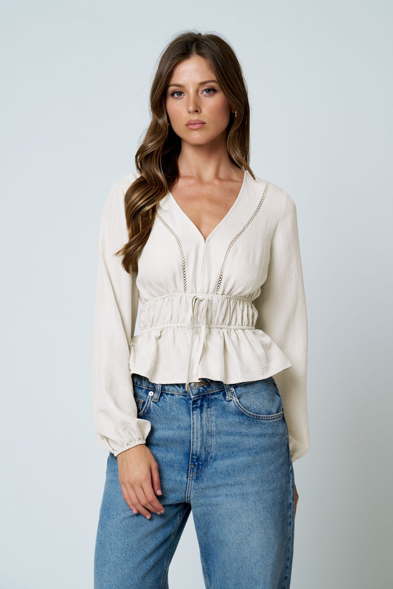 Ladder Lace Trim V Neck Long Sleeve Ruffle Hem Top- Cream