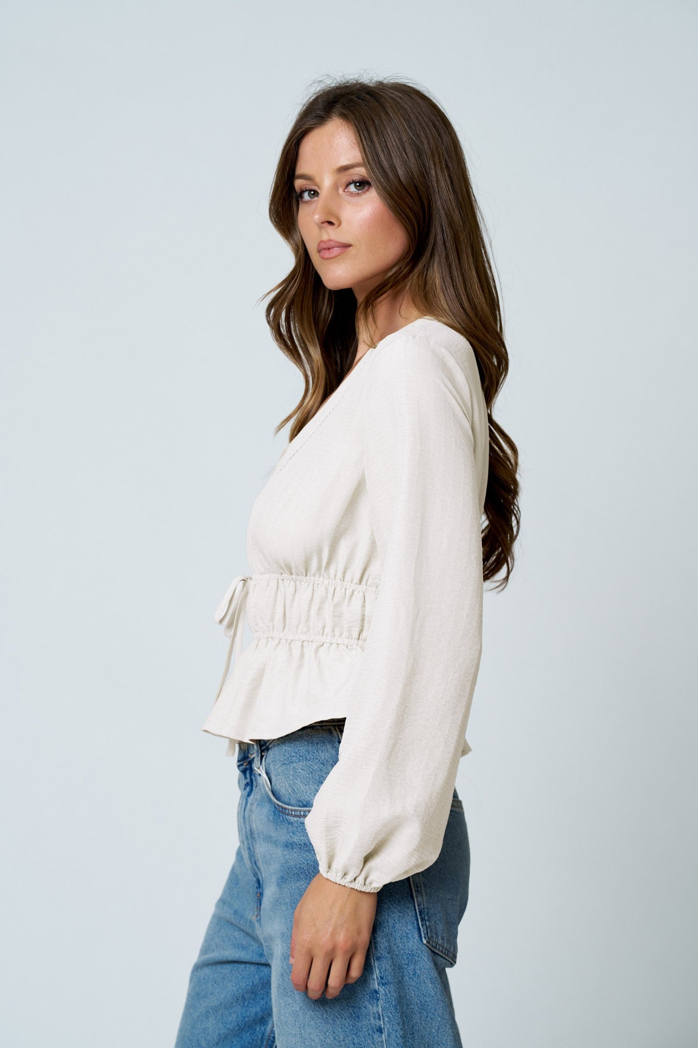 Ladder Lace Trim V Neck Long Sleeve Ruffle Hem Top- Cream