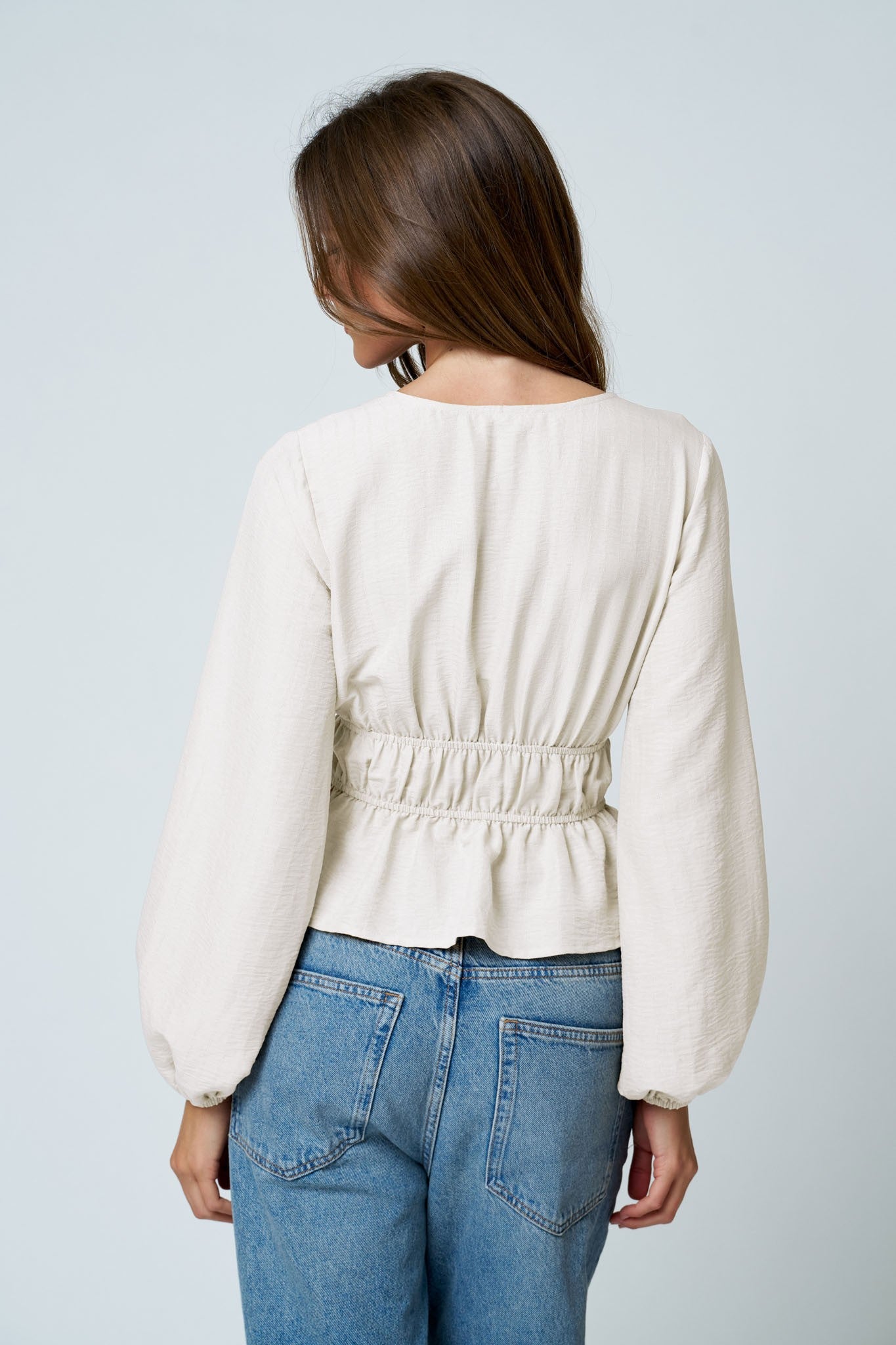 Ladder Lace Trim V Neck Long Sleeve Ruffle Hem Top- Cream