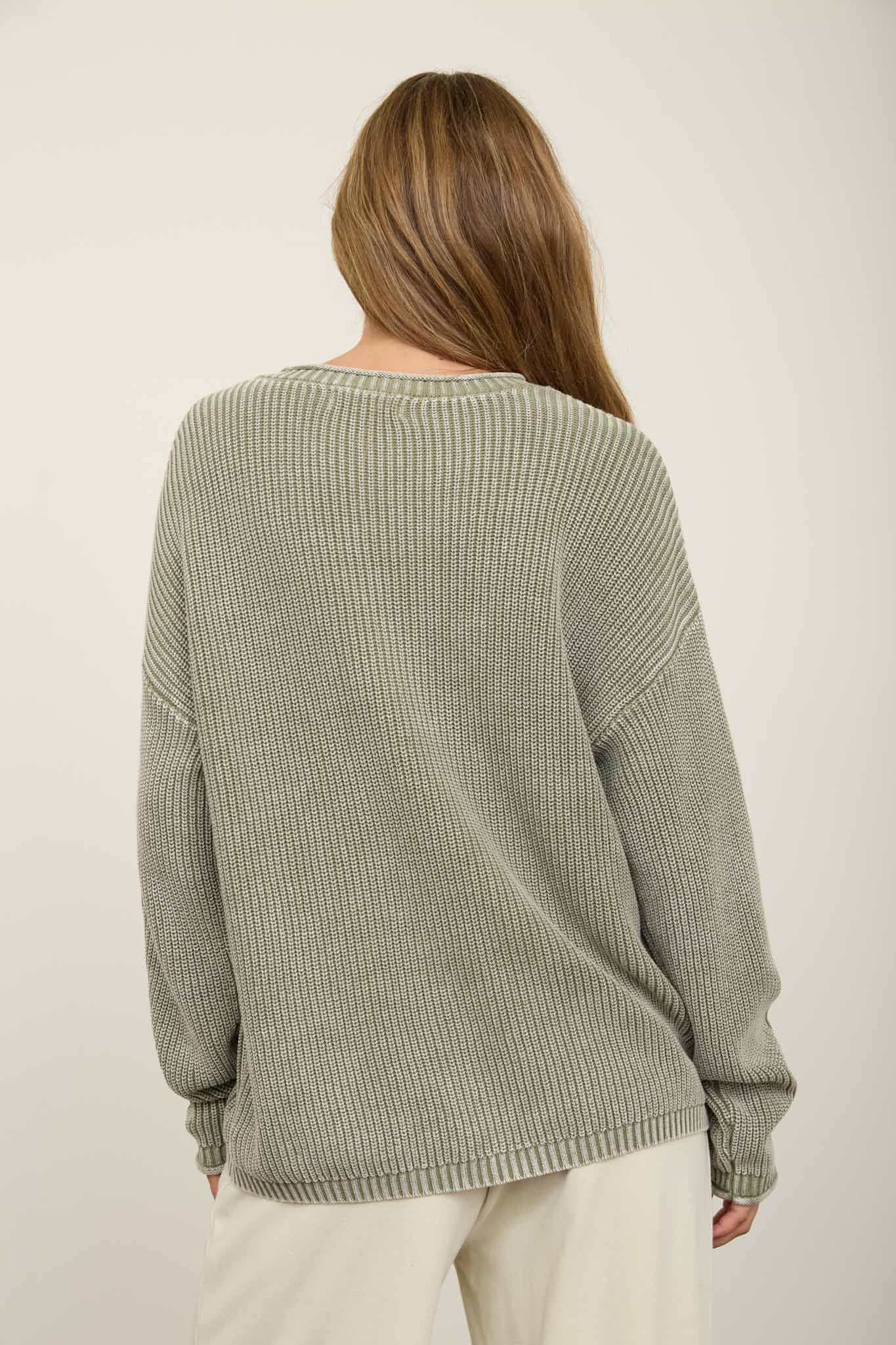 W Washed Ribbed Henley Drop Shoulder Knit Sweater