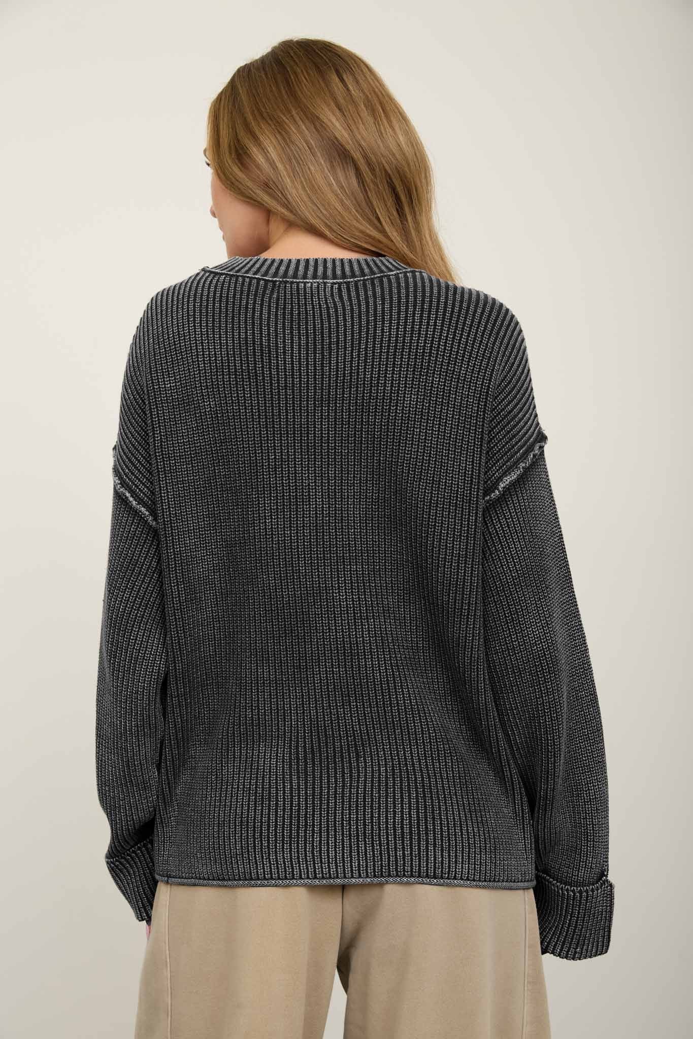 W Washed Ribbed Long Sleeve Folded Cuff Knit Sweater