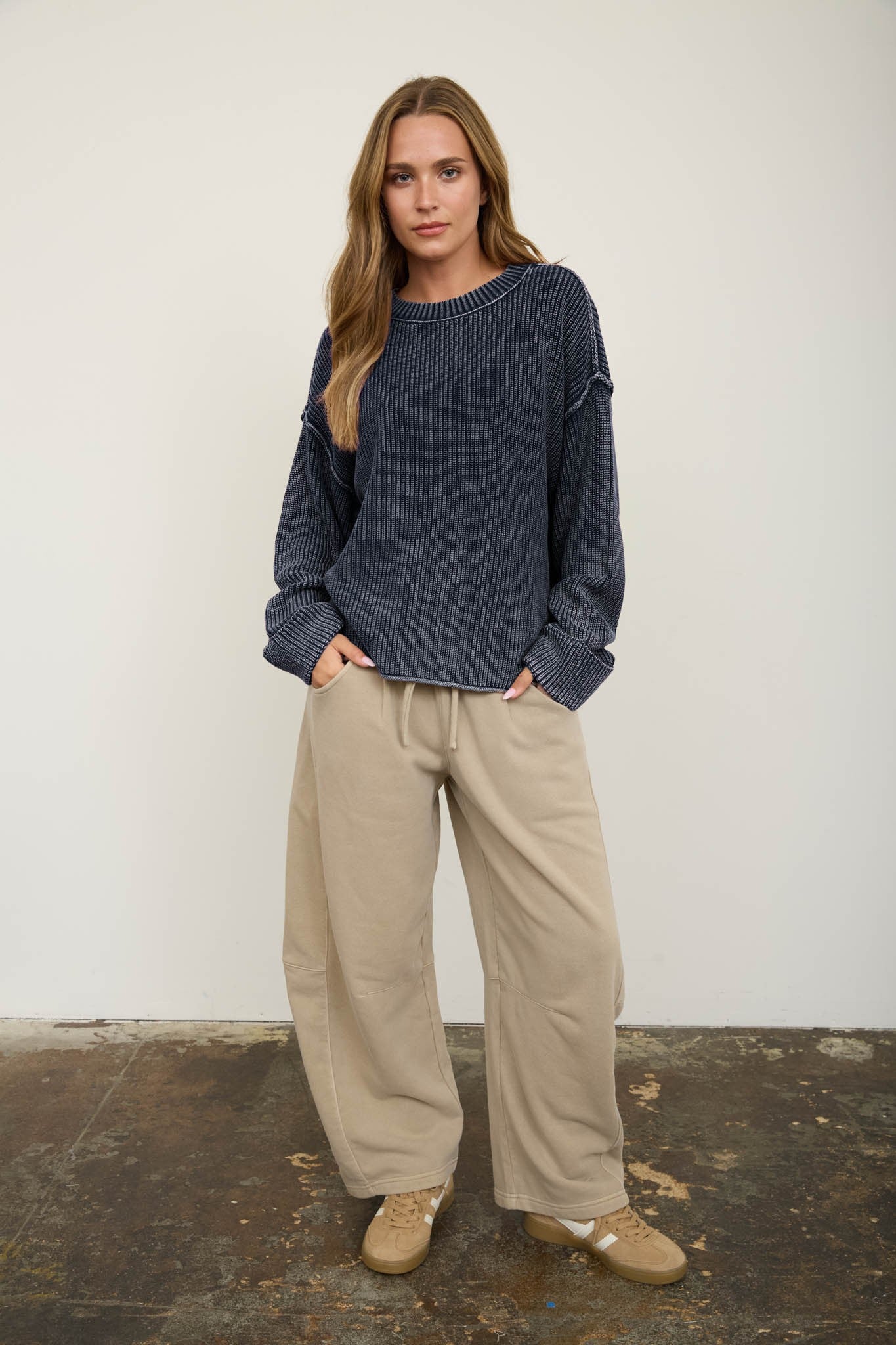 W Washed Ribbed Long Sleeve Folded Cuff Knit Sweater