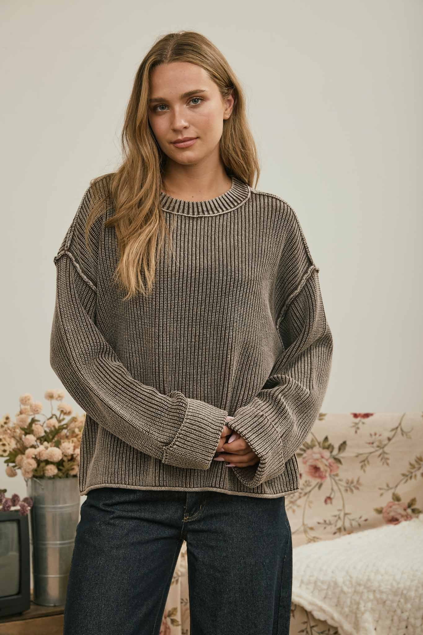 W Washed Ribbed Long Sleeve Folded Cuff Knit Sweater