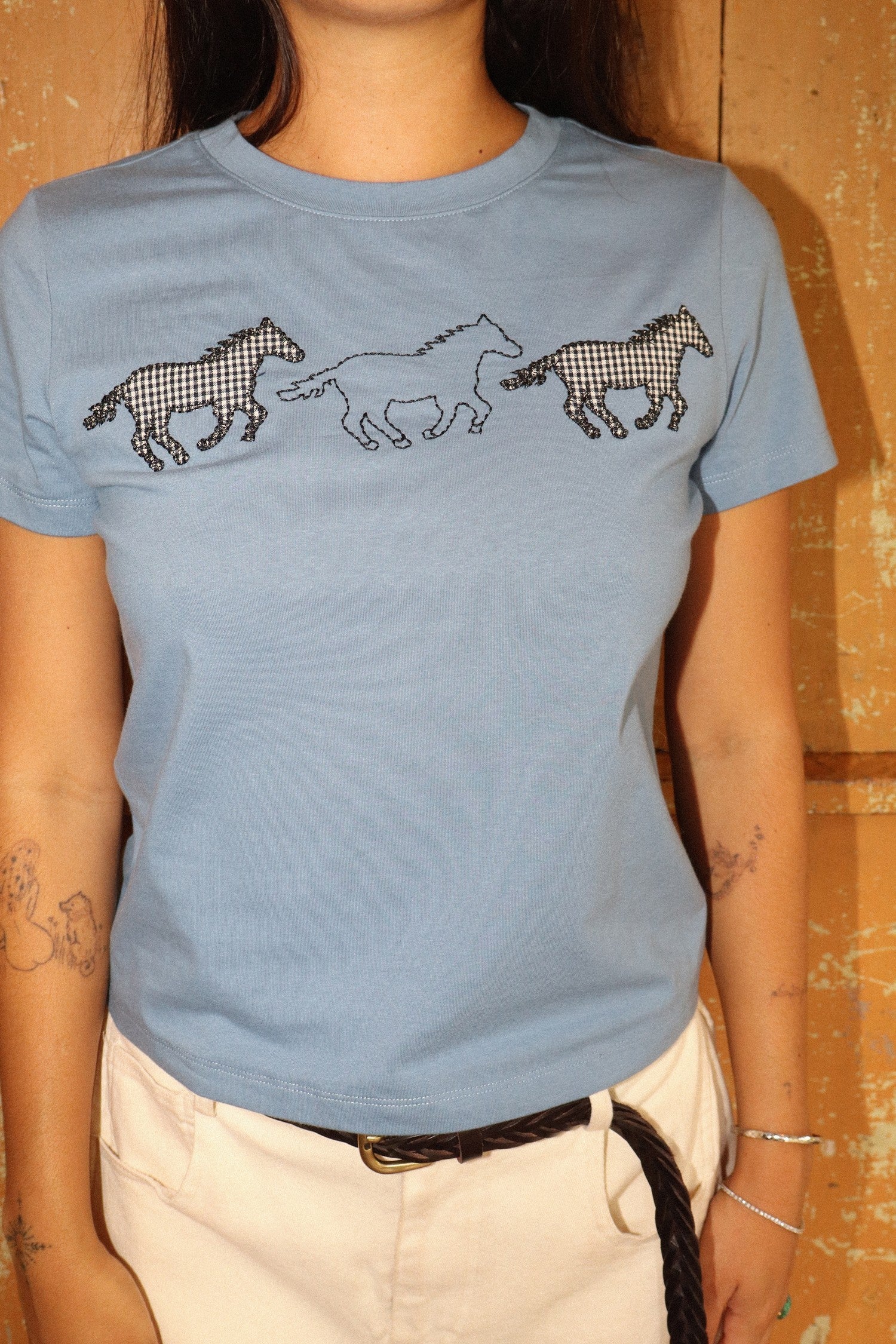 Women's Embroidered Horse Tshirt-Denim Blue