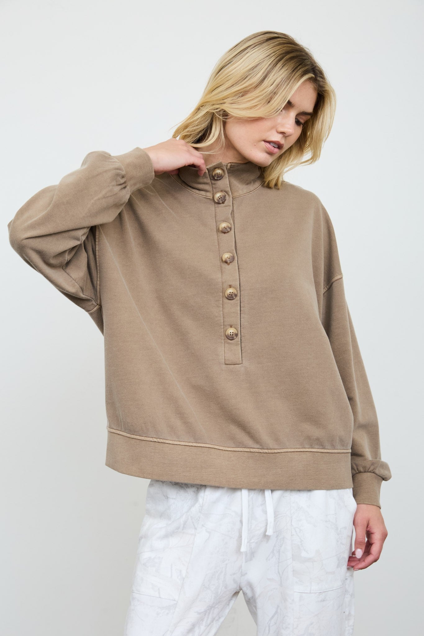 W Mock Neck Henley Long Sleeve Knit Top