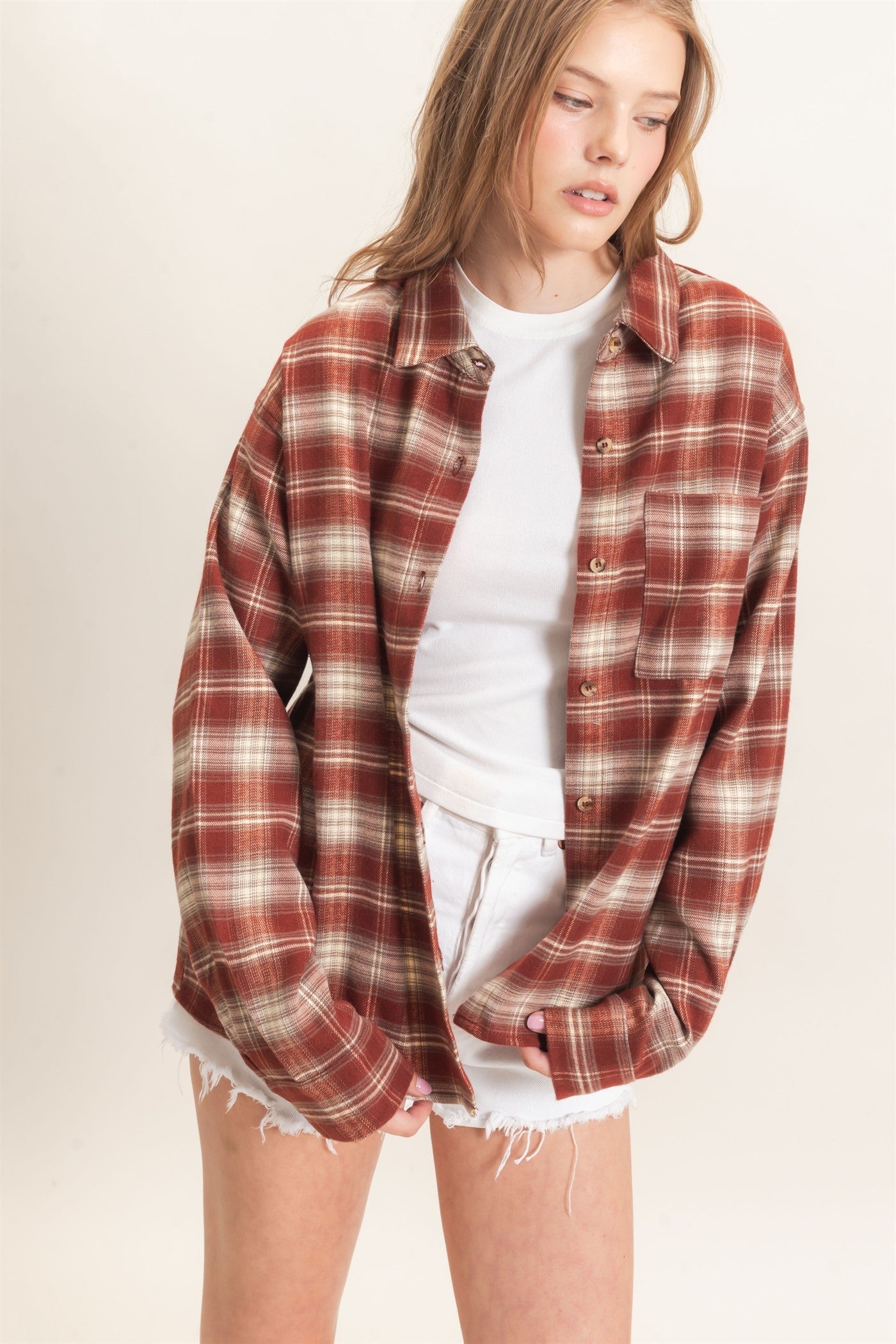 W Plaid Button-up Shirt-Rust