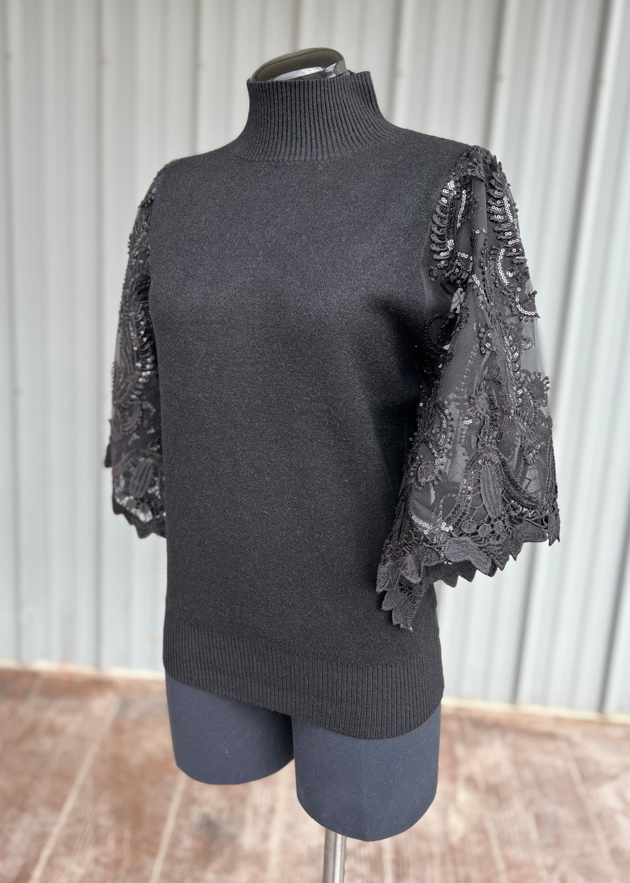 Black Sweater with Sequin Lace Sleeves
