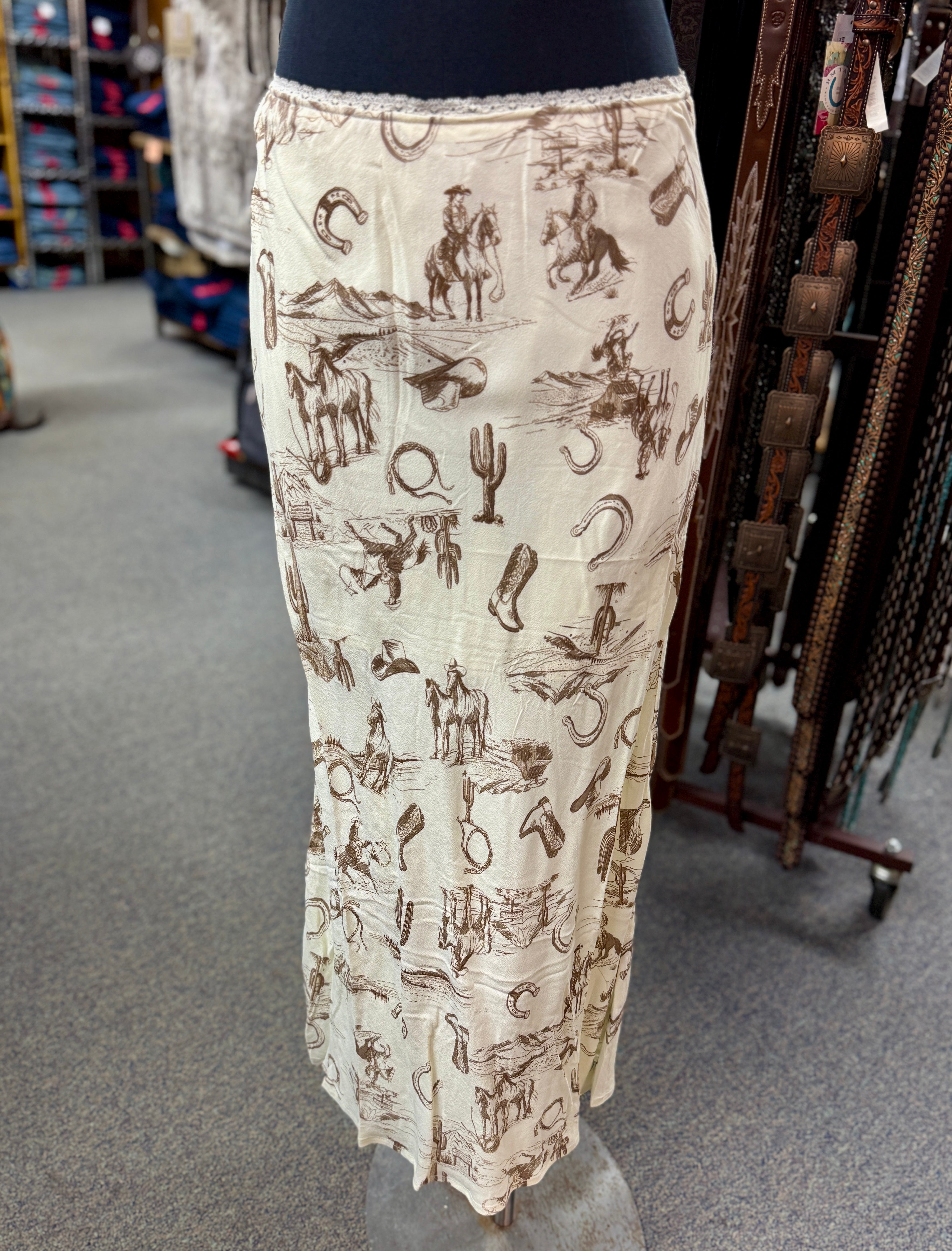 Ivory Western Print Midi Skirt